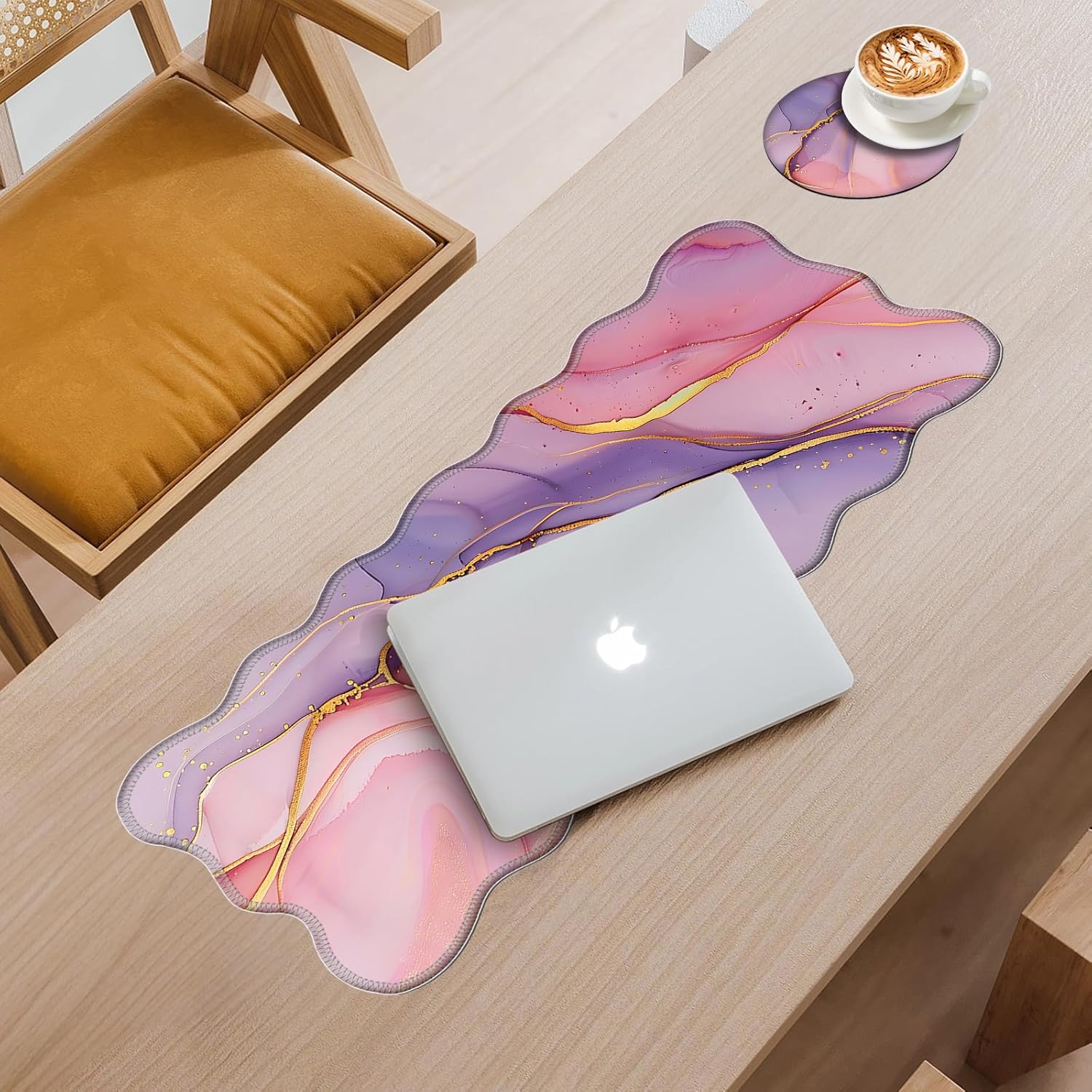 Large Gaming Mouse Pad with Coaster, Edge Stitching Keyboard Pink Gold Marble Mouse Mat for Desk, 31.5" x 11.8" Household Extended Desk Pad for Desktop, Non-Slip Rubber Base