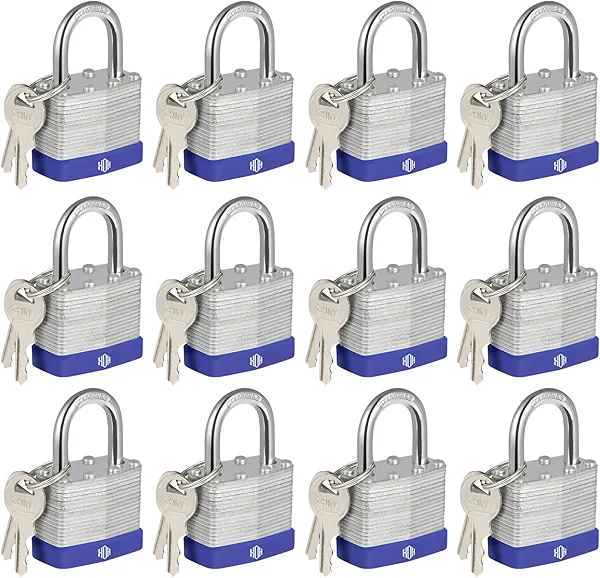 HOX Locks 12-Pack Keyed-Alike Padlocks w/ 1.2” Shackle, 1-9/16” Wide Body, Hardened Steel Case Shackle Padlock, Brass Cylinder - for Hasp Latch, Sheds, Fences, Storage Locker