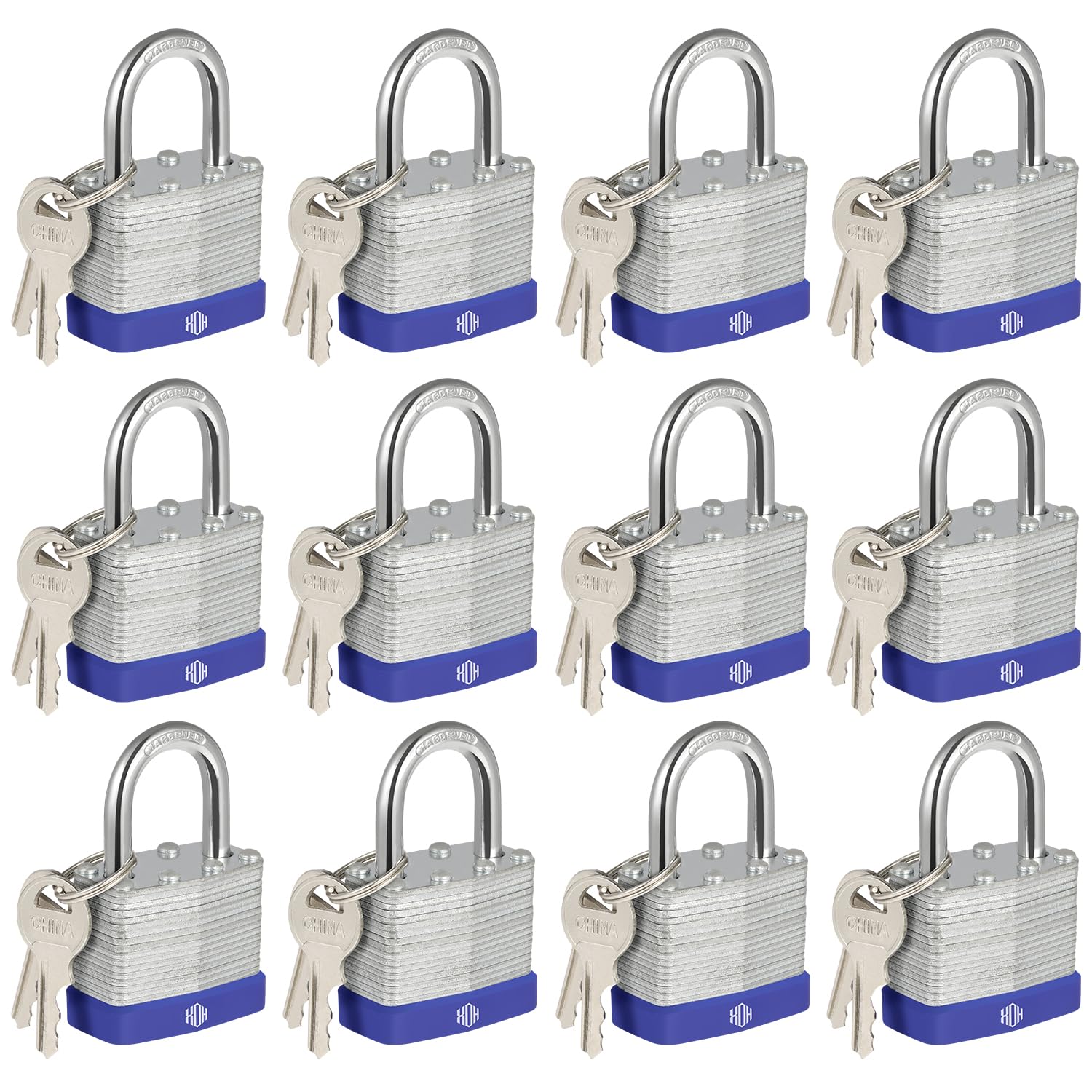 HOX Locks 12-Pack Keyed-Alike Padlocks w/ 1.2” Shackle, 1-9/16” Wide Body, Hardened Steel Case Shackle Padlock, Brass Cylinder - for Hasp Latch, Sheds, Fences, Storage Locker