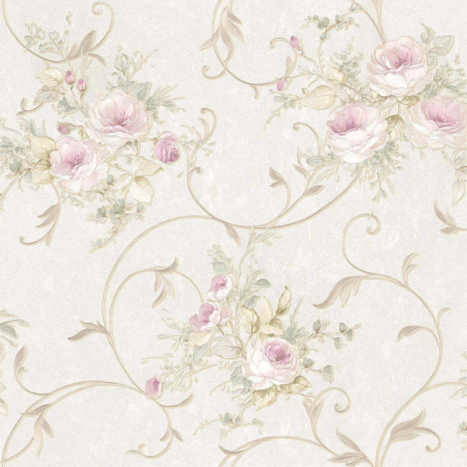 Papier peint floral Profhome tapisserie intissé texturé rose vert blanc crème 5m2