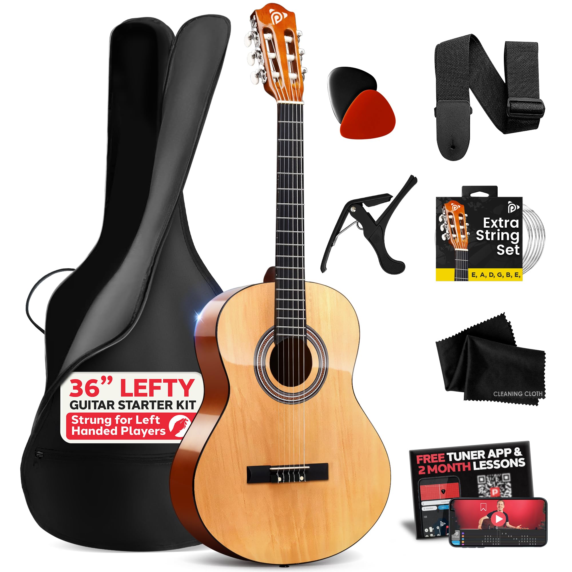 Pyle Left Handed Beginner Acoustic Guitar Kit, 3/4 Junior Size All Wood Build Nylon String Instrument with Capo, Strap, Extra String Set, Gig Bag, Guitars for Beginners Adults Youth, 36" Natural Gloss