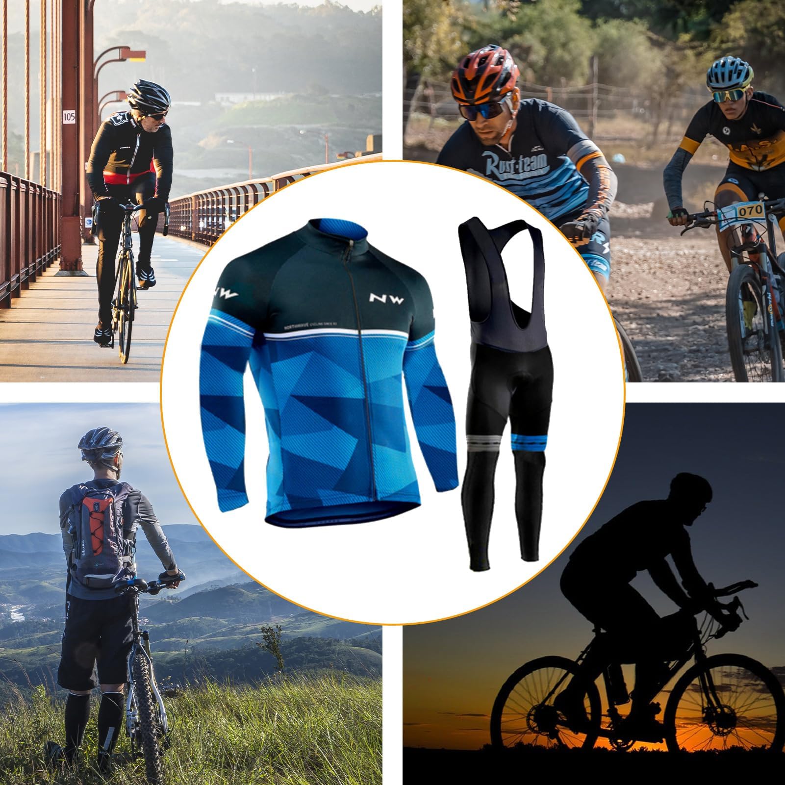 Ensemble de cyclisme d'hiver pour homme - Maillot de cyclisme à manches longues + pantalon de cyclisme d'hiver pour homme avec rembourrage 3D - Bleu - Taille 2XL, bleu, XXL