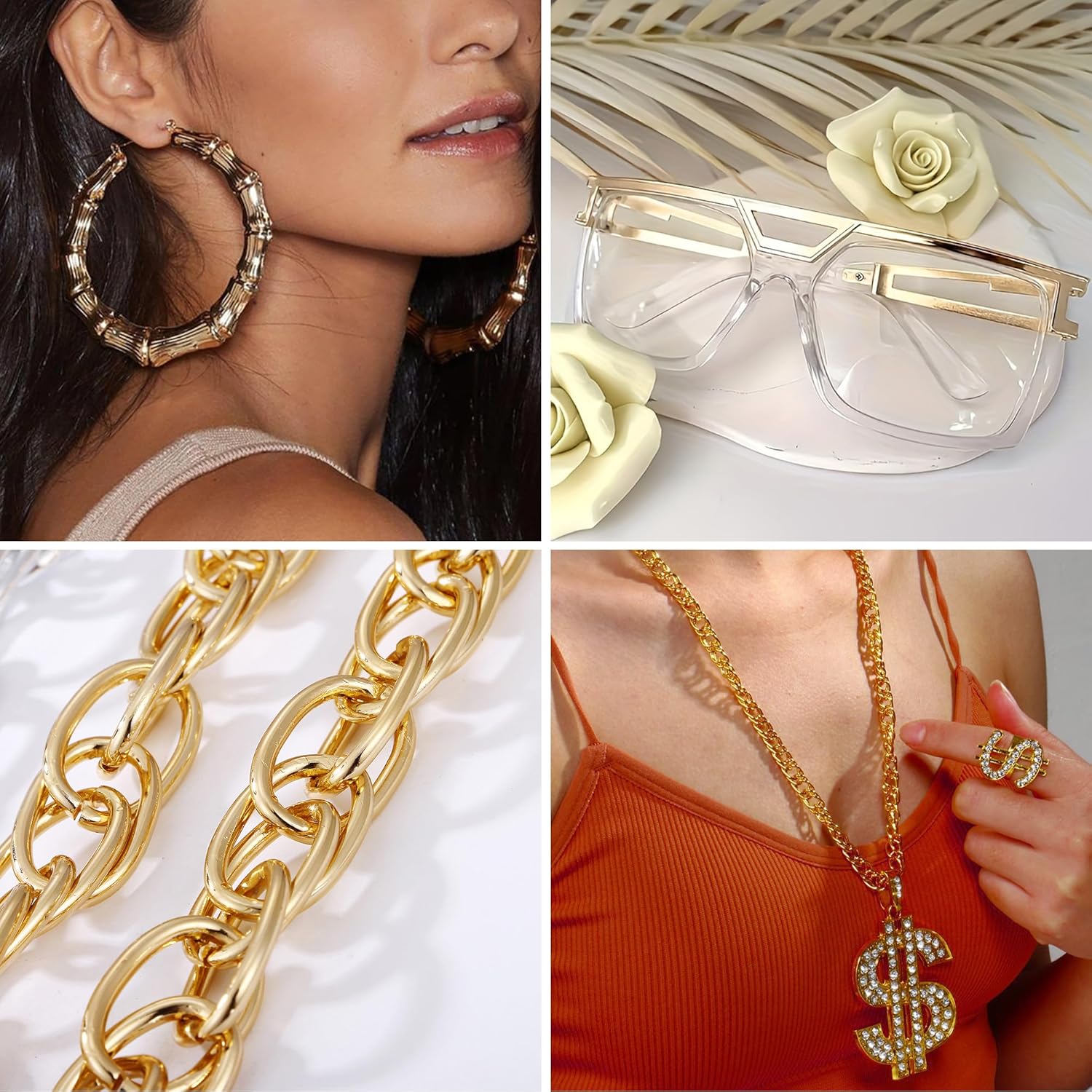 90s Accessories Outfit for Women 80s Hip Hop Costume Kit Rapper Sunglasses Bamboo Earring Gold Rope Chain Dollar Necklace Bracelet Rings Jewelry Set - Image 3