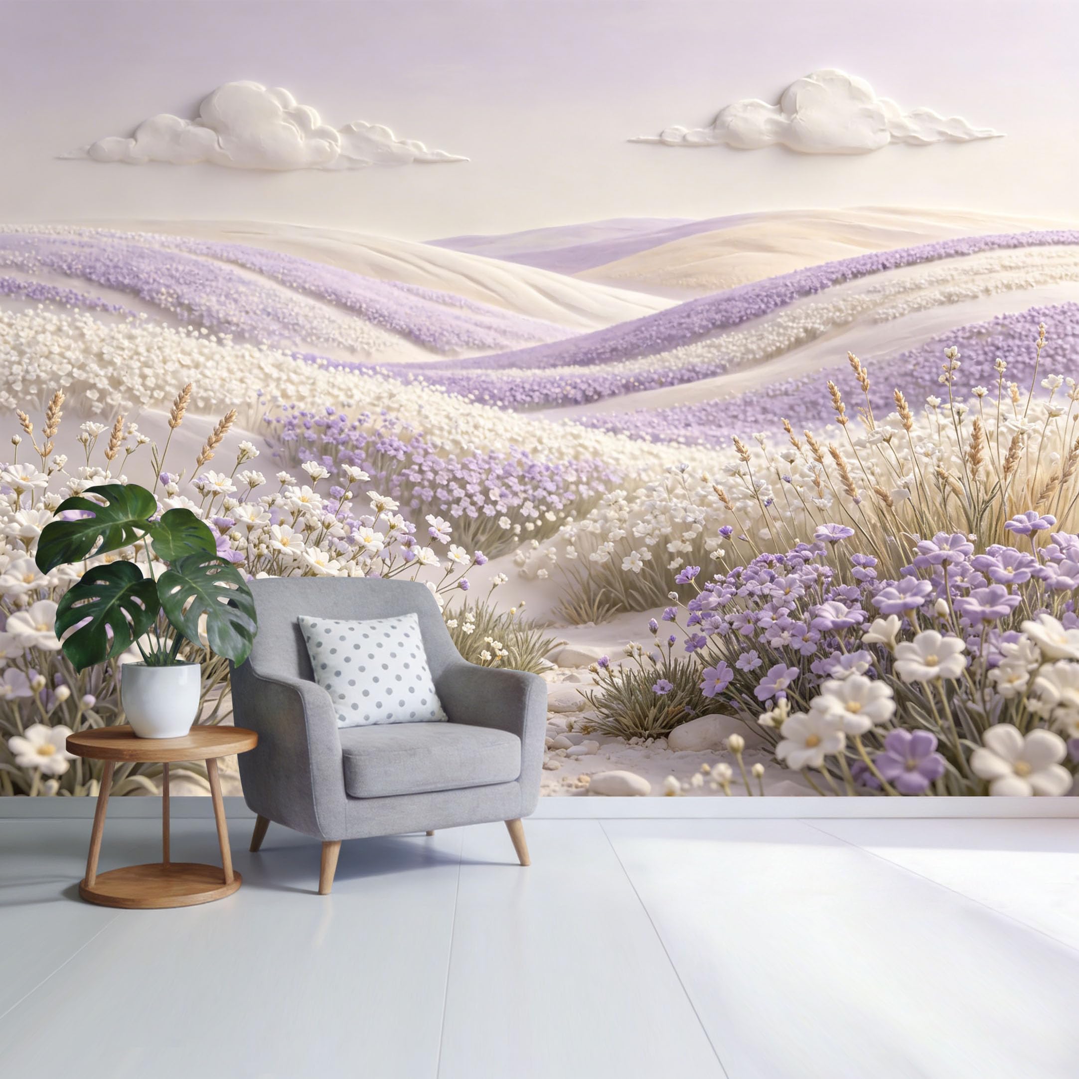 Custom Size Wall Mural Lavender Field Landscape Pastel Floral Meadow with Clouds SelfAdhesive Wall Fabric Removable Wallpaper for Home Office Decor