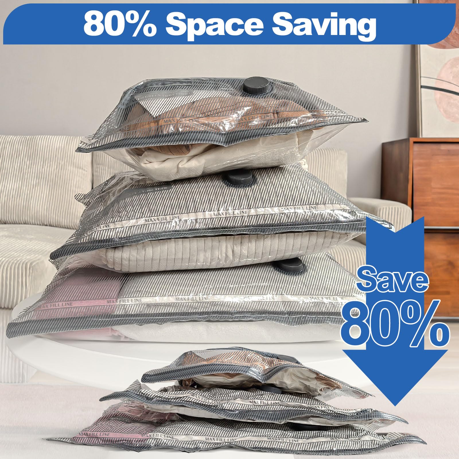 Vacbird Sacchi Sottovuoto Vestiti con Pompa Elettrica Usb, 9 Pezzi di Buste Sottovuoto (3x 40x40cm / 3x 40x50cm / 3x 40x60cm) Sacchetti Sottovuoto Vestiti Viaggio, Riutilizzabili, Salvaspazio