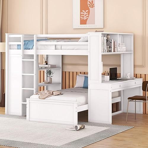 Miniatura 174 de Cama alta funcional tamaño individual con 2 cajones y 2 armarios, base de cama de madera maciza con barandilla de seguridad y escalera de