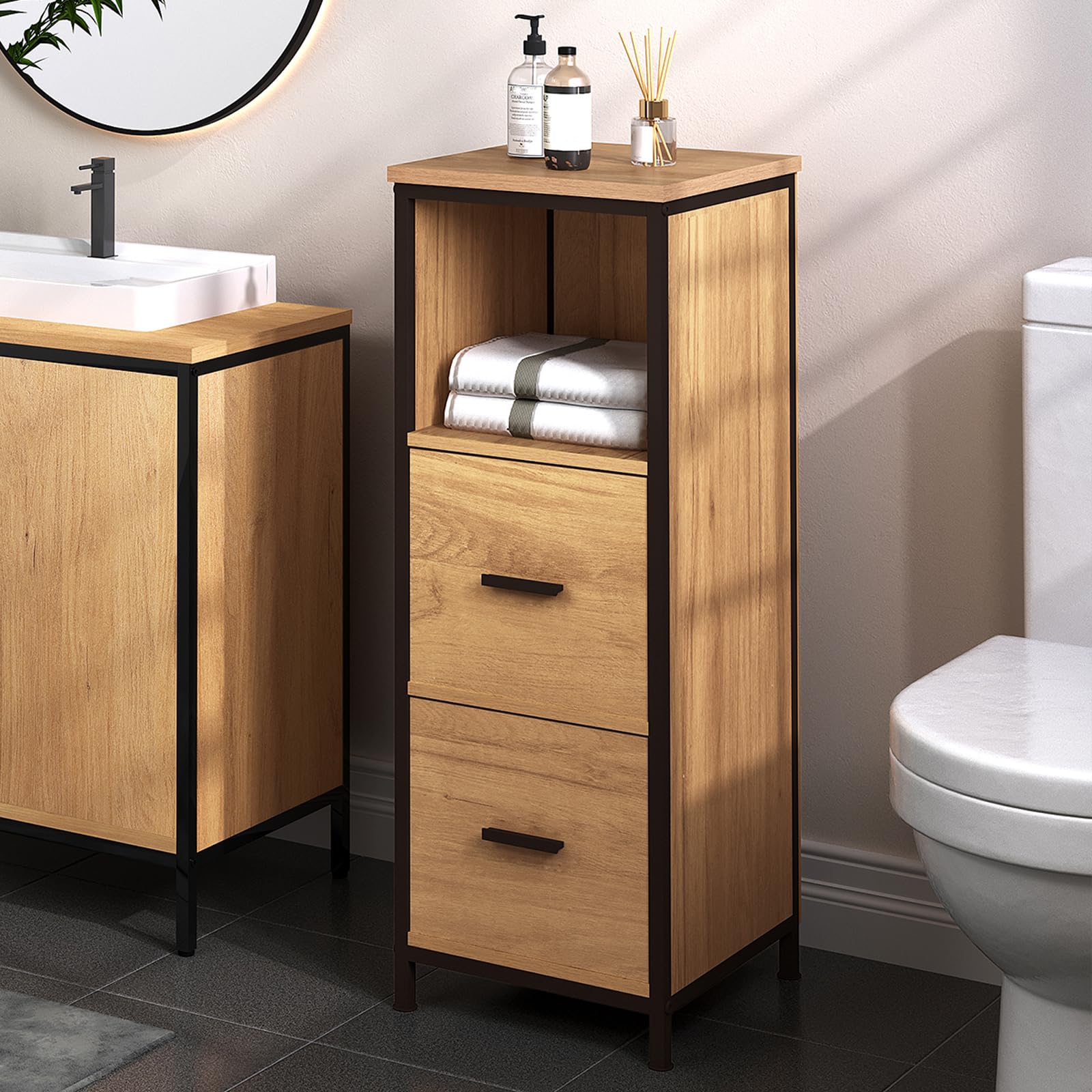 EUGAD Armario de Baño con 2 Cajones y 1 Estante, Cajonera Baño, Mueble de Baño Auxiliar, Cajones de Colocación Libre, Armario Esquinero para Cocina y Baño, 30x30x80 cm, Negro+Roble Claro