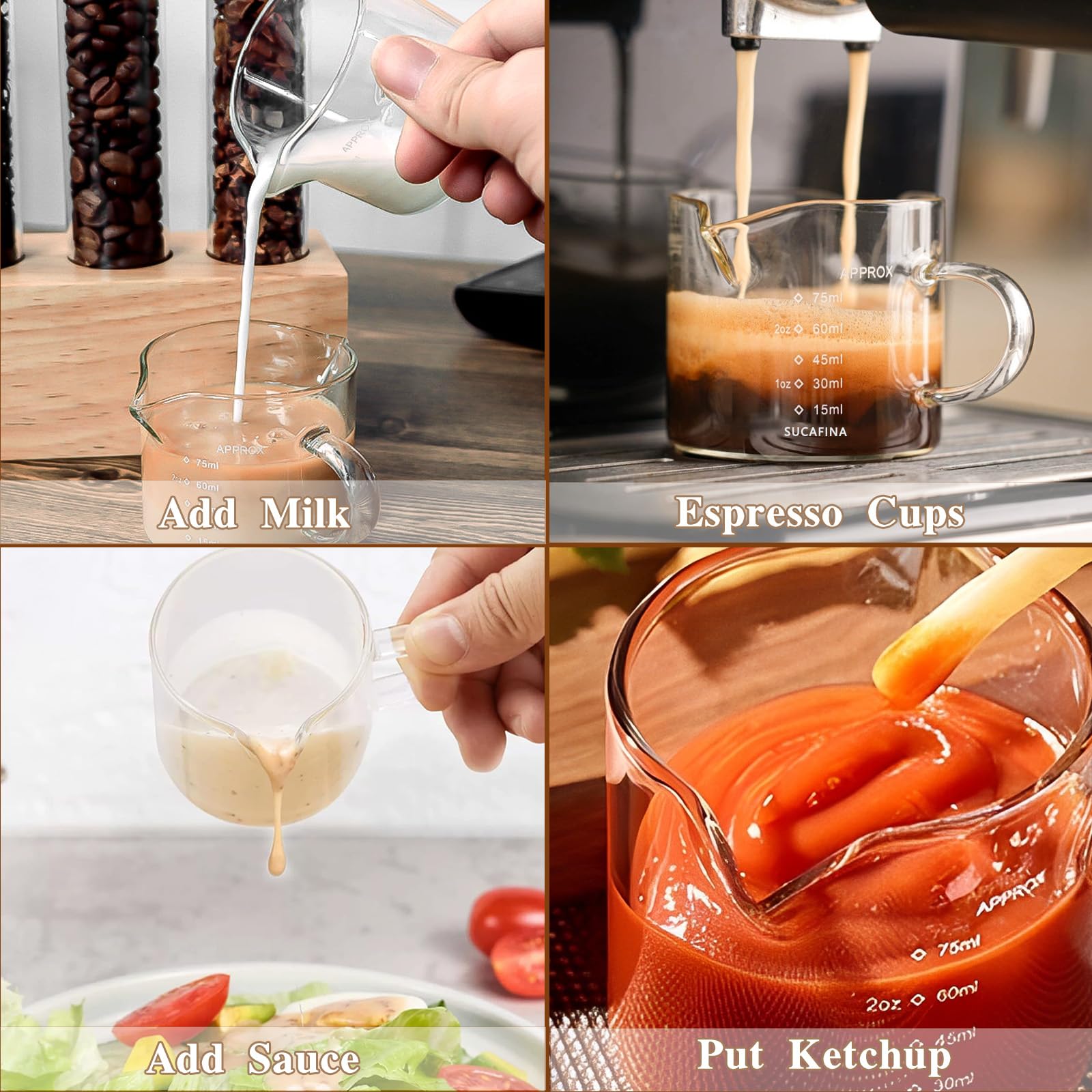 4 filiżanek do espresso ze szczotką, 75/150 ml, kubek z miarką, szklany z podwójnym dziobkiem i skalą, uchwytna