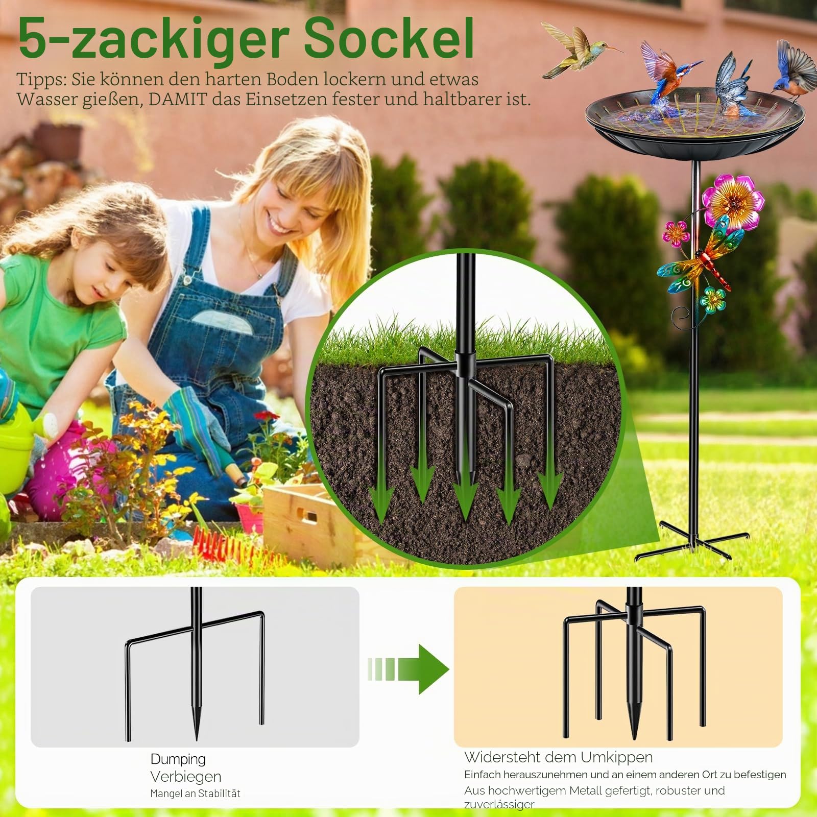 Vogeltränke Stehend 96cm, Vogelbad für Draußen Garten, Metall Futter Schale mit Stabiler 5-Zinken-Basis, Wassertränke für Vögel Vogeltränke Groß Winterfest Frostsicher (Antike Rot-Gelb)