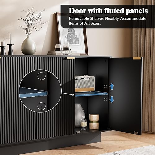 Miniatura 6 de Aparador grande de 63 pulgadas, armario de buffet moderno, soporte de TV para bar de vinos con 4 puertas para comedor (negro)