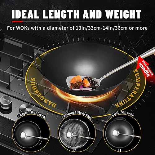 Miniatura 3 de Juego de herramientas de espátula y cucharón para wok, mango largo de 16.5 a 17 pulgadas de largo de acero inoxidable 304, juego de espátula y