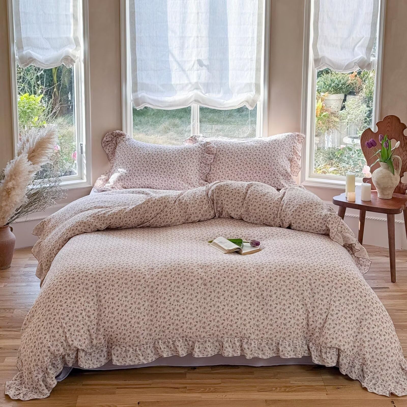 BuLuTu Shabby Chic Purple Floral Duvet Cover King with Ruffles, No Pillows