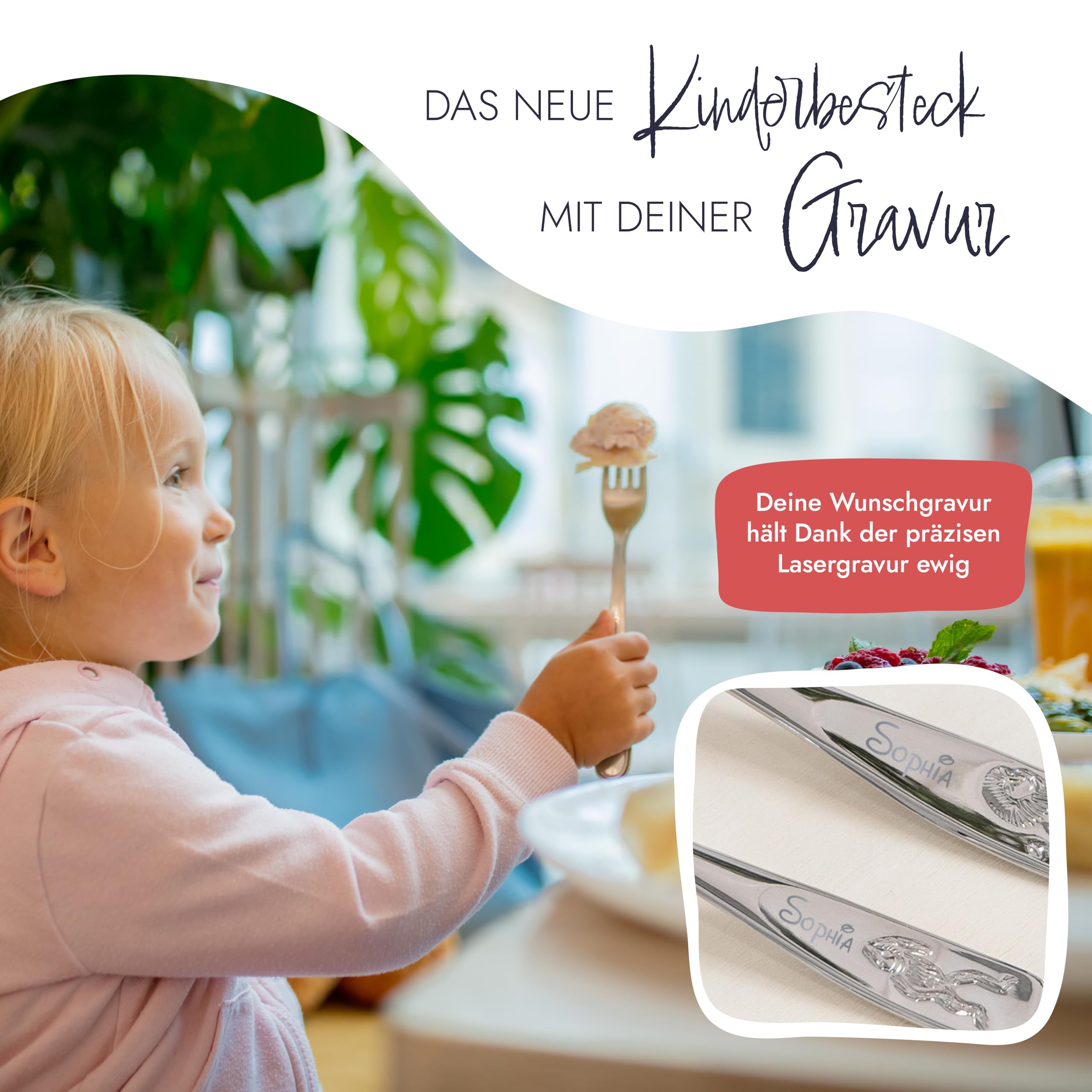 WMF Kinderbesteck mit Namensgravur,Edelstahl, 4-teilig, spülmaschinengeeignet – Geschenk zur Taufe, Taufgeschenke für Mädchen und Jungen, Kinderbesteck mit Gravur