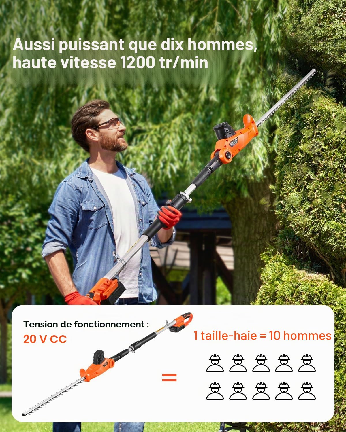 VEVOR Taille-haie Électrique sans Fil sur Perche Extensible 1,9-2,4 m 20 V Batterie 2 A, avec Lame 510 mm, 5 Angles Réglables 30°-150°, pour Entretien des Branches Hautes, Taillage Arbres de Jardin
