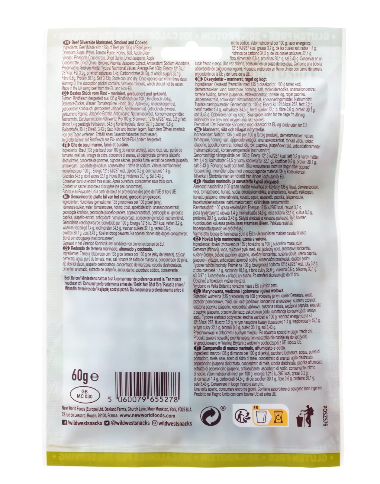 Wild West Beef Jerky, 16 x 60 g jalapeño, carne seca altamente proteica, snack proteico Beef Jerky, cecina de vaca