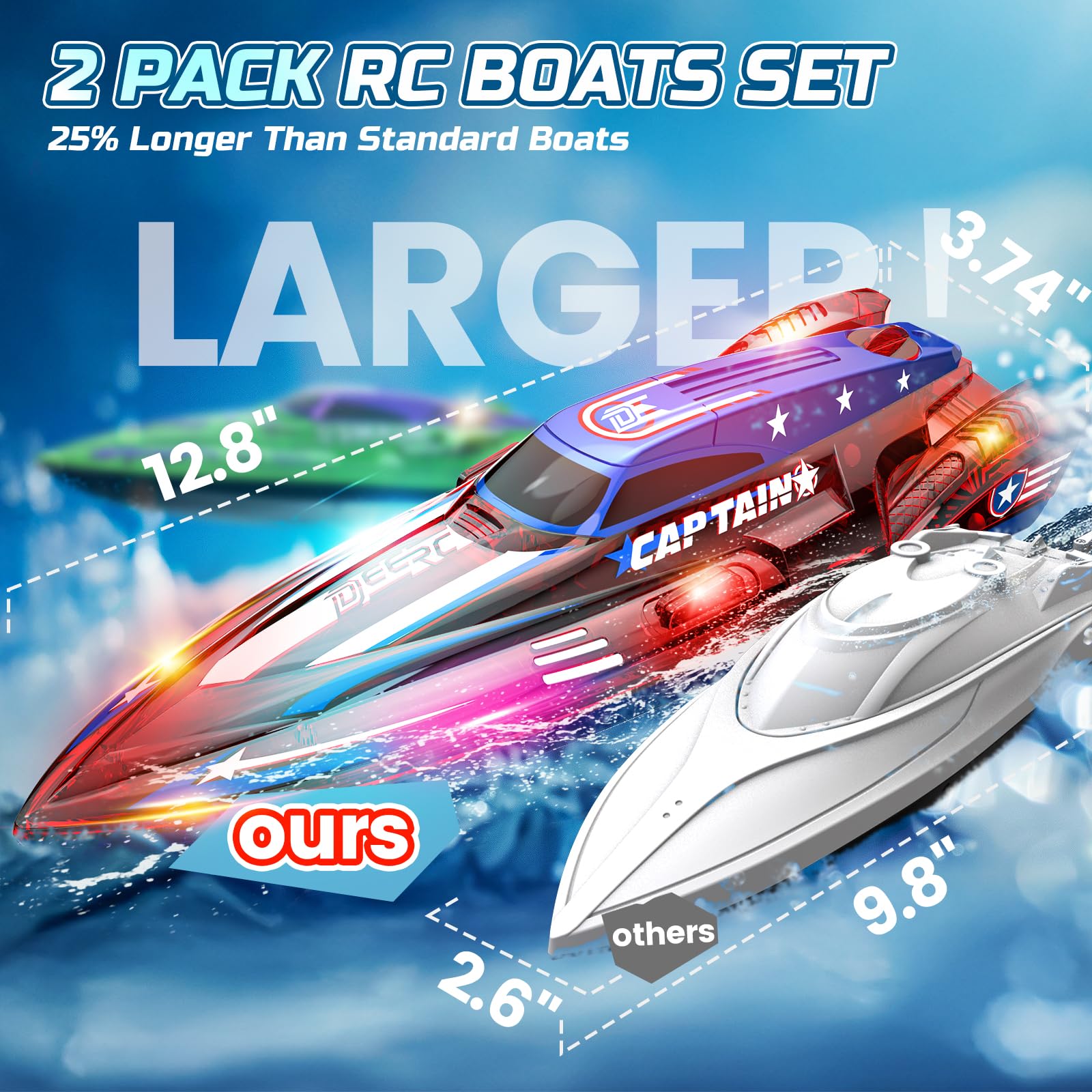 DEERC Juego de 2 Barco Teledirigido de 13 Pulgadas para niños, 4 baterías, 2.4GHz Barcos Teledirigidos con Luces LED y Alarma de Batería Baja, Barcos RC para niños de 8 a 12 años