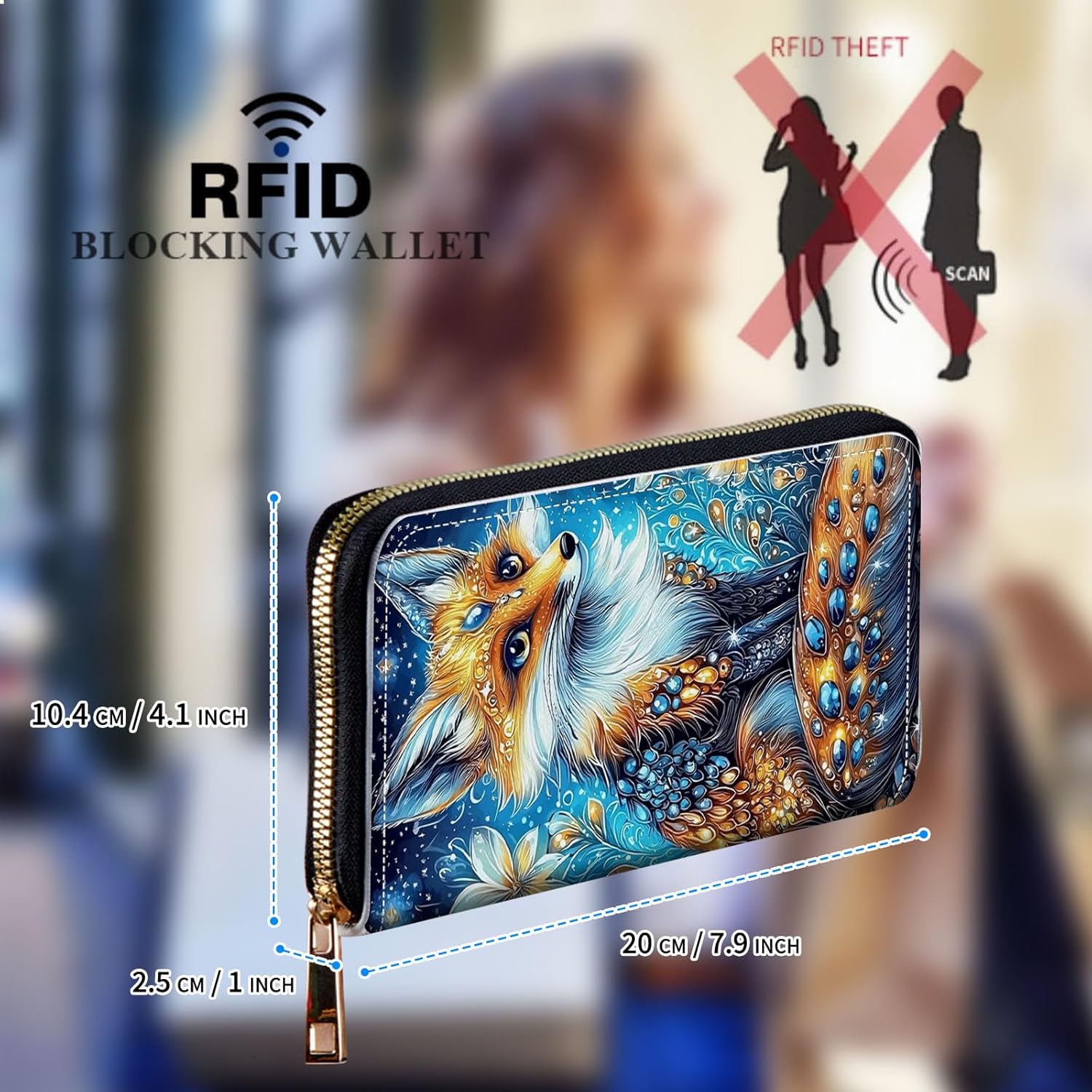 Womens Wallet, Large Capacity RFID Blocking PU Leather Wristlet Wallets for Women Ladies Men Credit Card Holder Zipper Wallet Phone Holder Clutch Travel Purse, Fox Art - Image 2