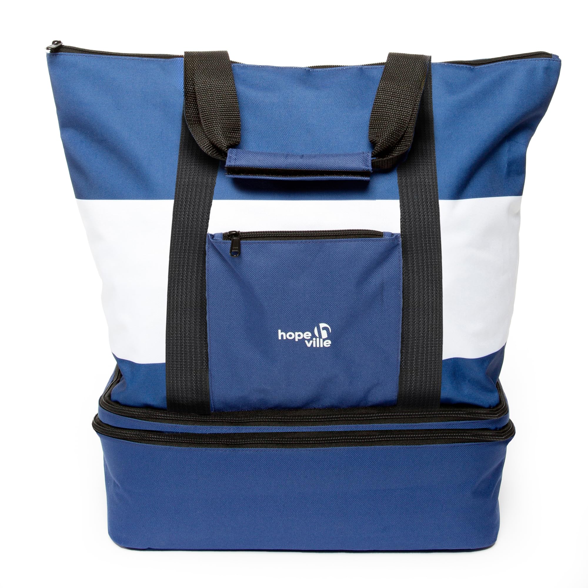 große XXL Strandtasche mit Reißverschluss und integrierter Kühltasche, wasserabweisende Familien Picknicktasche im Marine-Look für Urlaub, Picknick und Shopping (Blau-Weiß)