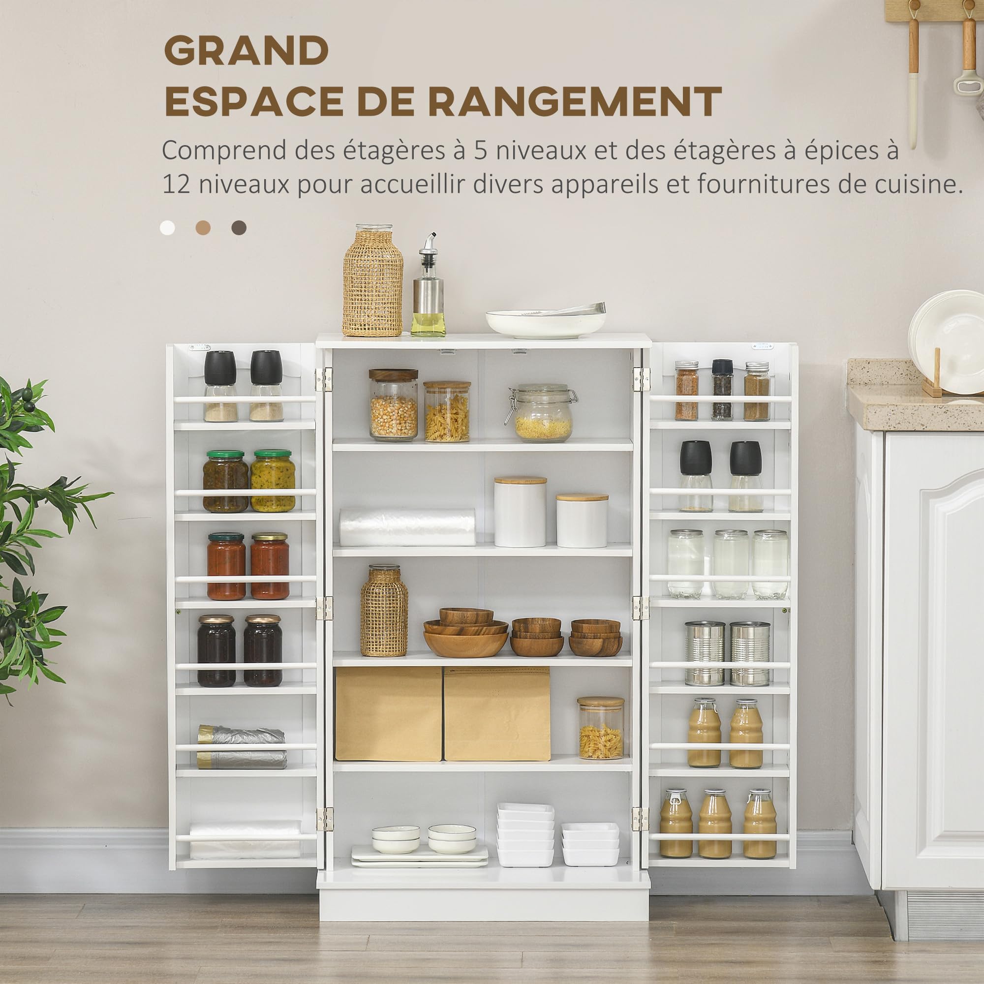 HOMCOM Armoire de Cuisine Garde-Manger Moderne 60 x 30 x 104 cm Blanc | Buffet Cuisine Vaisselier, Meuble de Rangement, avec Placards, Étagère Réglable, 12 Porte-Épices, pour Salle à Manger, Salon