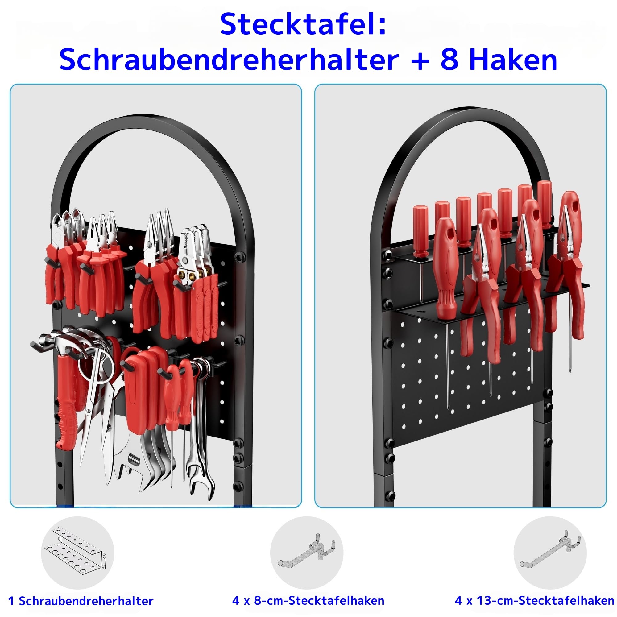 Werkzeugwagen mit Rädern, 4-stufiges Werkzeugregal für hohe Belastbarkeit (250 kg), mit 8 Akku-Bohrerhaltern und seitlicher Stecktafel, Metall-Mehrzweckregal für Zuhause, Garage, Lager, groß mit Schub