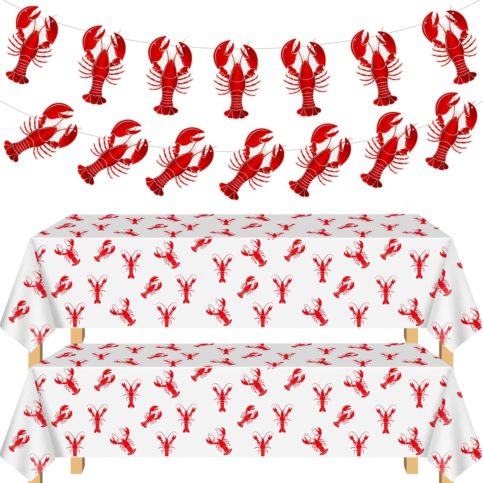 Flutesan 2 Pcs Crawfish Tablecloth and 2 Pcs Lobster Banner Crawfish Boil Table Covers Decorations for Birthday Party Supplies Festival Potluck Barbecue, 86 x 51 Inch, White and Red