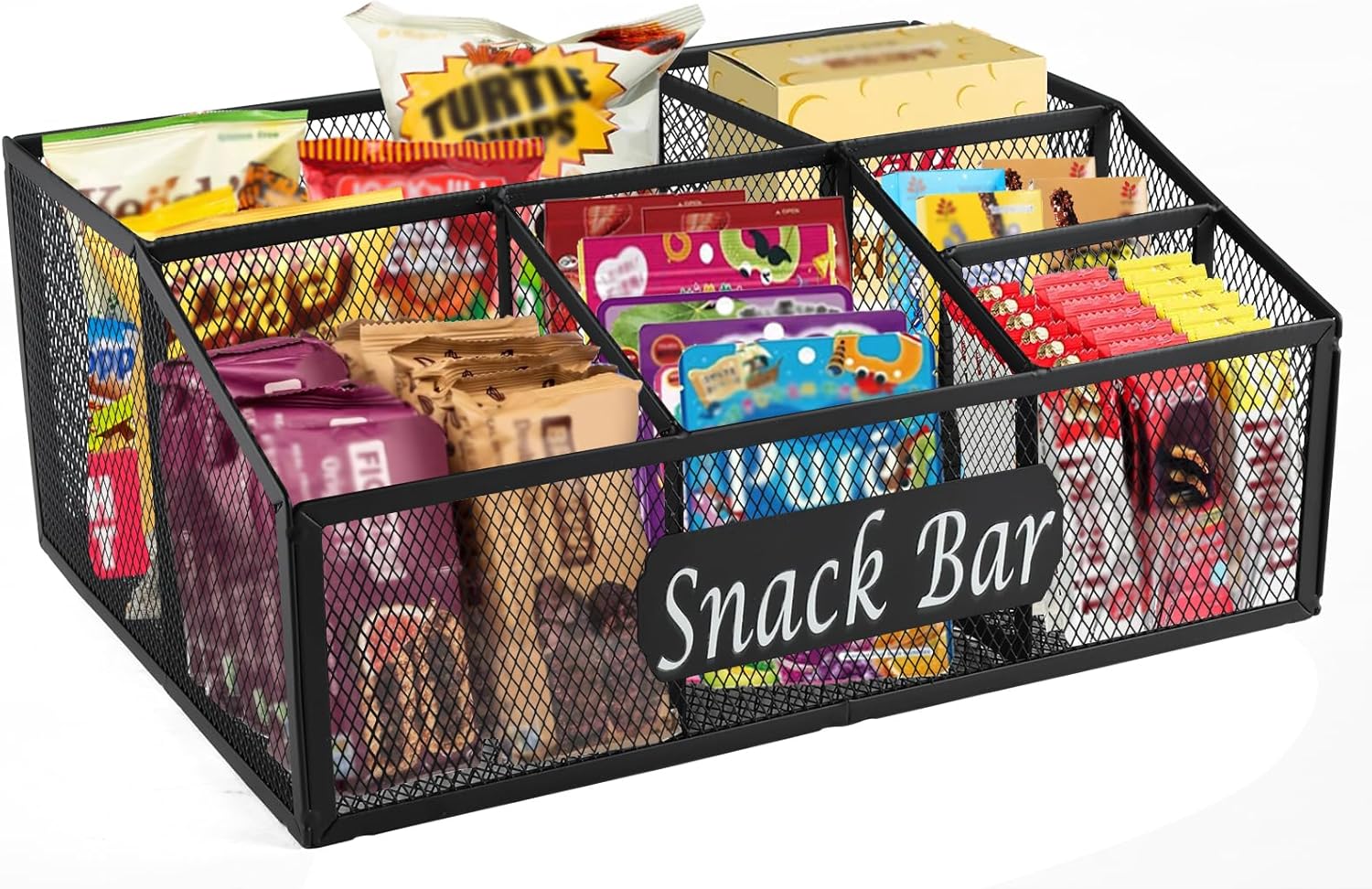 Snack Organizer for Pantry Shelf, Metal Snack Organizer Snack Basket, 6 Compartment Snack Bin Holder Chip Organizer, Snack Bar Station Organizer, Kitchen Pantry Organizer and Storage (Black)