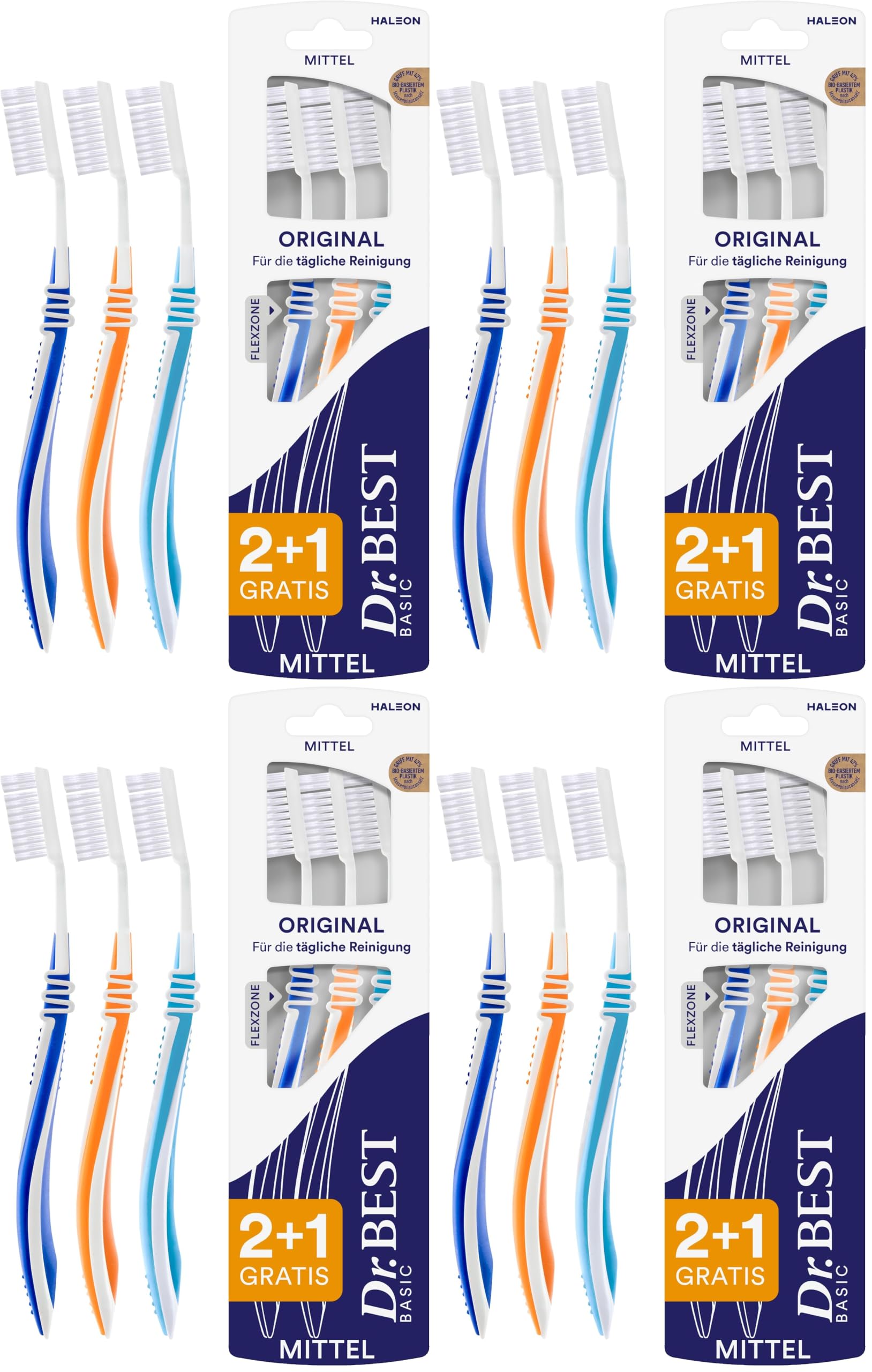Dr.BEST Original Zahnbürste, Mittel, Vorteilspack (2 Stück + 1 Stück Gratis), hilft, das Zahnfleisch zu schützen (Packung mit 4)