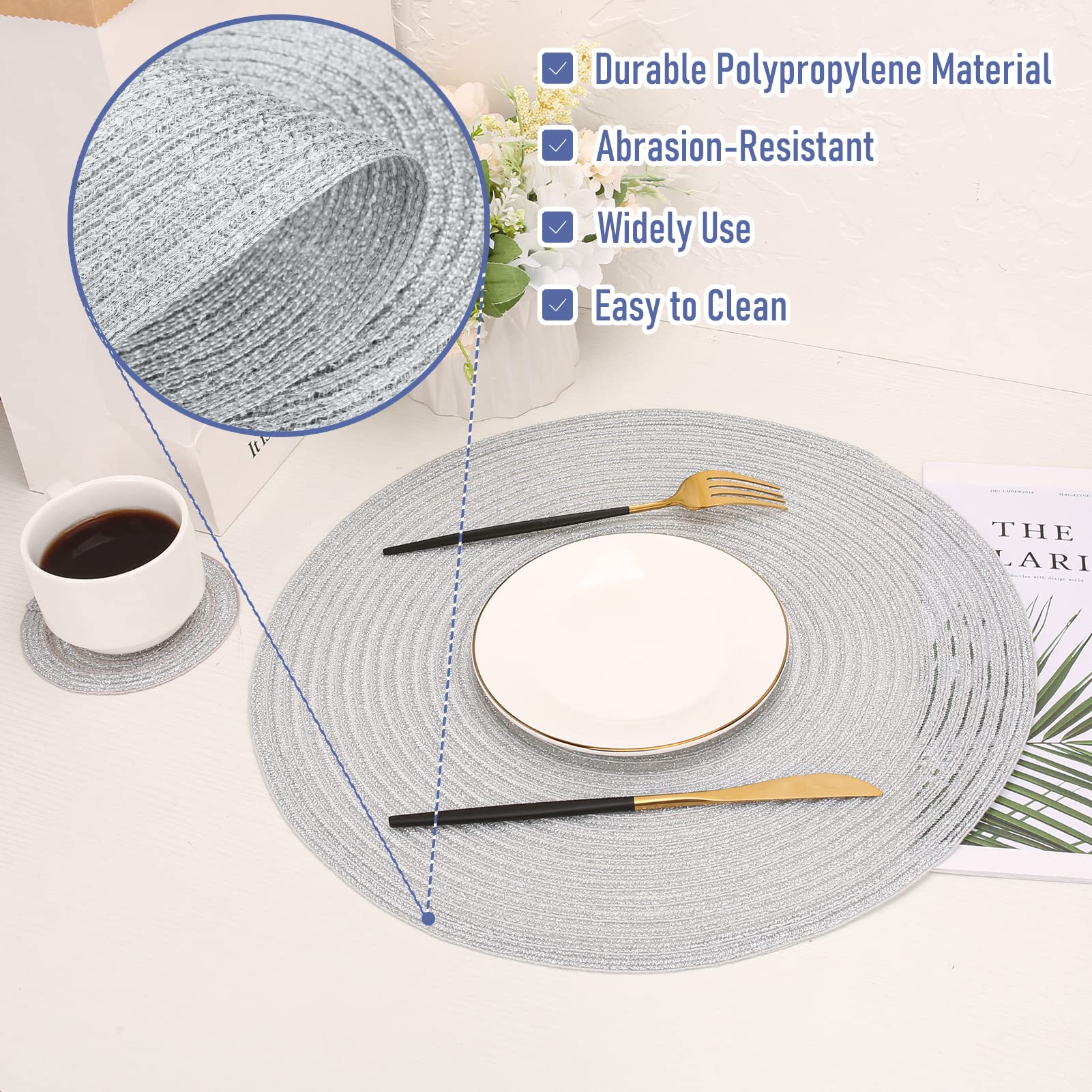 wiipara Round Woven Placemats Set of 6 Heat Resistant Round Braided Table Mats - Image 3