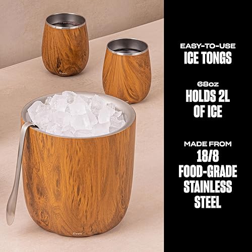 Miniatura 3 de S'well Cubo de hielo de acero inoxidable con pinzas, capacidad de 68 onzas, acabado de madera de teca, aislamiento al vacío de triple capa