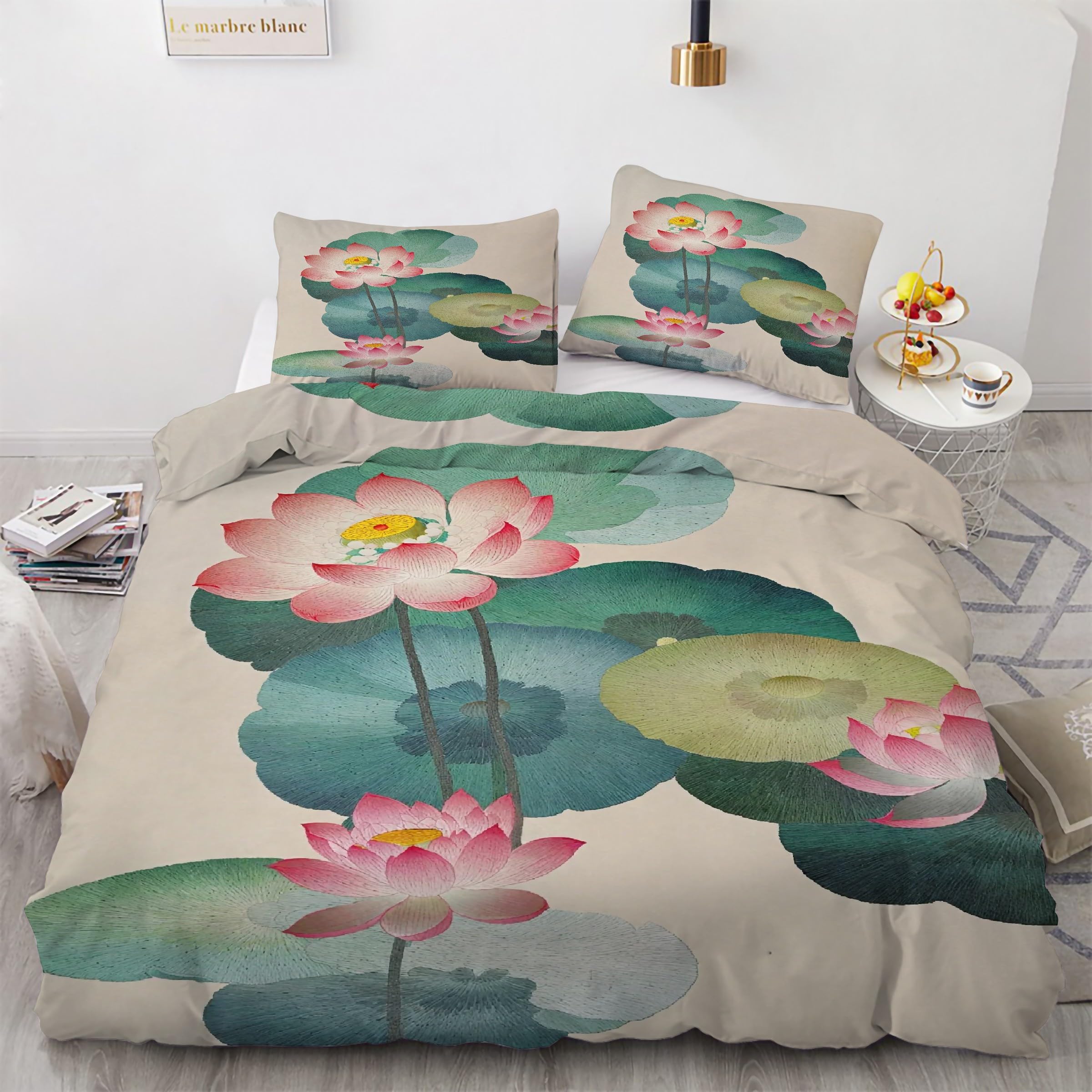 Housse de couette 200x200 fleurs lotus avec 2 taies d'oreiller