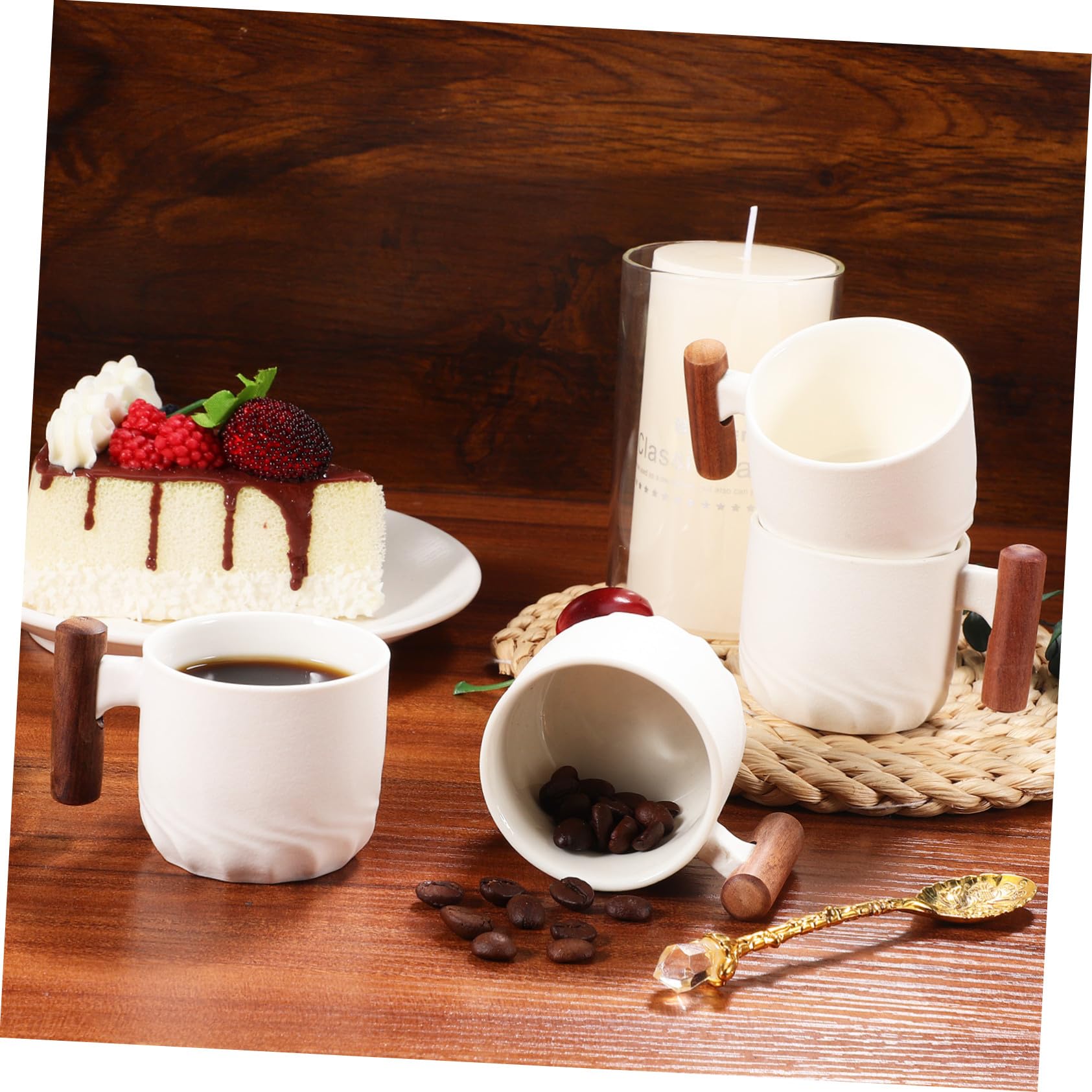 Hemobllo 4pezzi Tazze da Caffè in Ceramica con Manico in Legno Tazze da Tè per Bevande Calde e Fredde