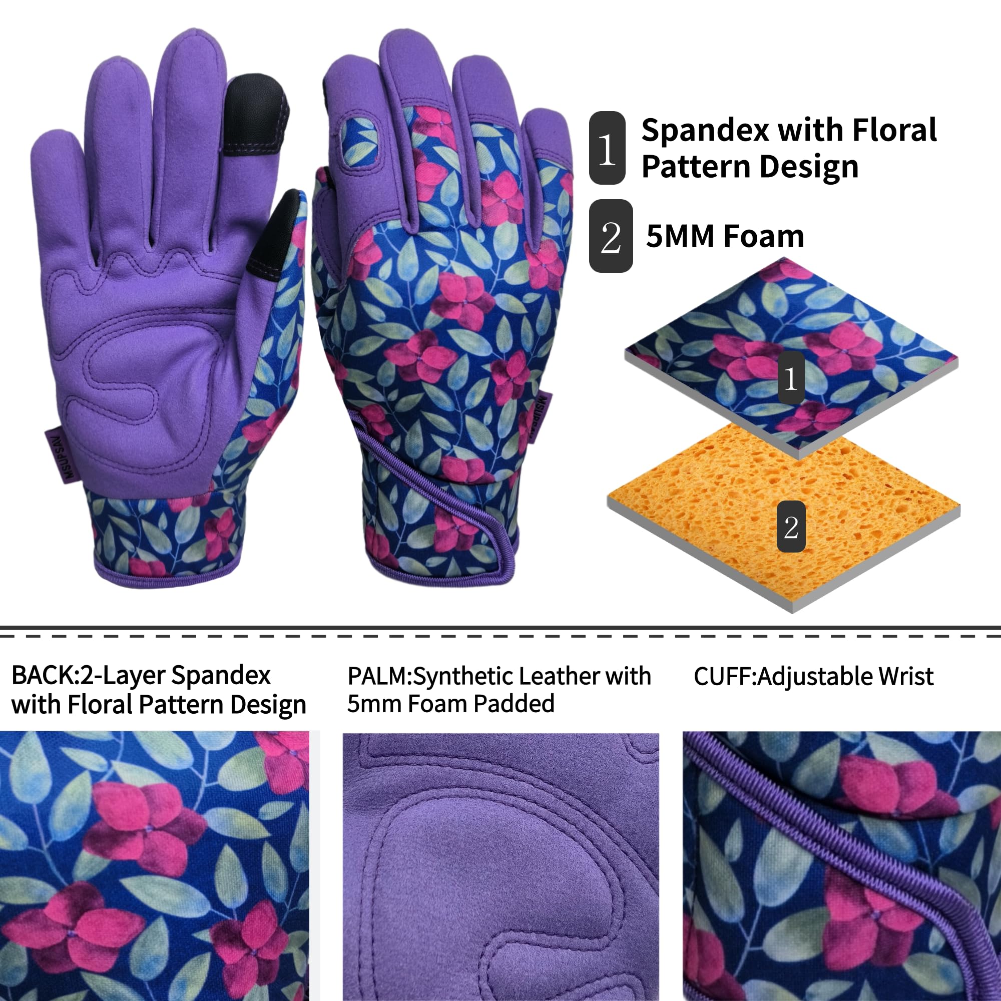 Guanti da giardino da donna, guanti da giardinaggio in spandex e pelle sintetica, guanti da lavoro per cortile, regali per giardinaggio e regali da giardino (palmo viola, M)