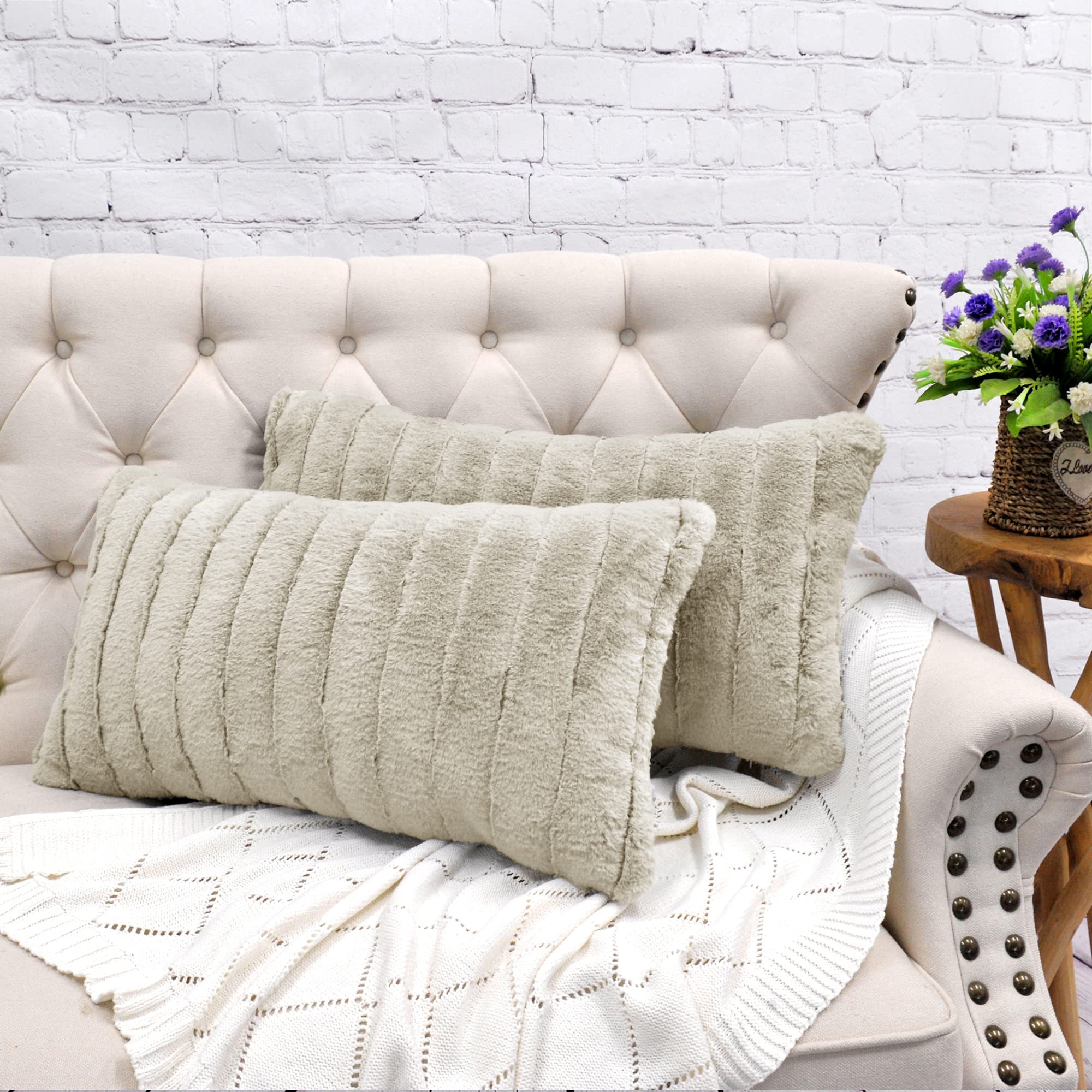 BYTIDE Striped Faux Fur Decorative Lumbar Throw Pillow Covers with Sherpa Back 14" x 26" Set of 2, Plush Luxury Rectangular Cushion Case Pillowcase