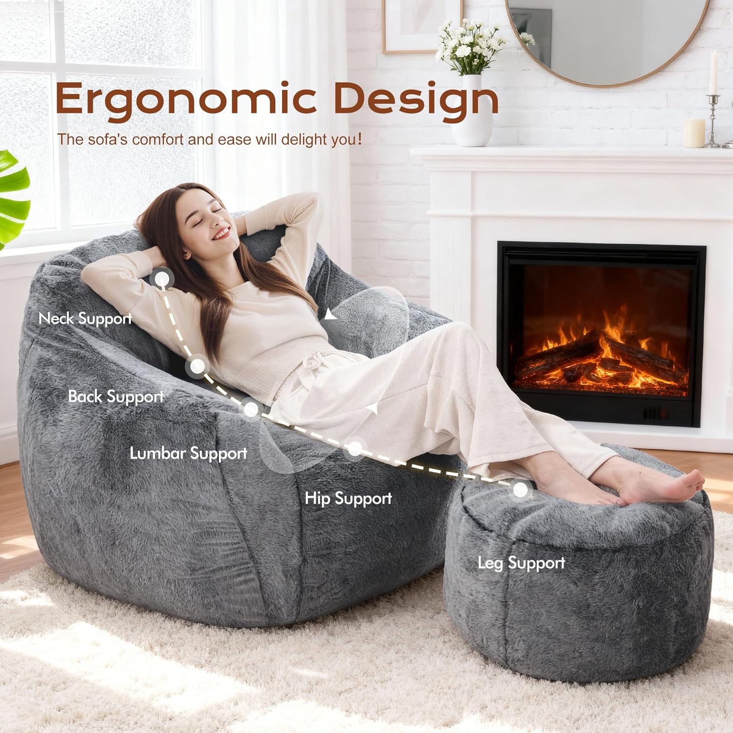 Giant Bean Bag Chair for Adults, Large Memory Foam BeanBag Chairs, Oversized Bean Bag Sofa with Filler, Faux Fur Big Reading Chair Comfy Floor Sofa Chair (Grey, Single with Ottoman) - Image 3