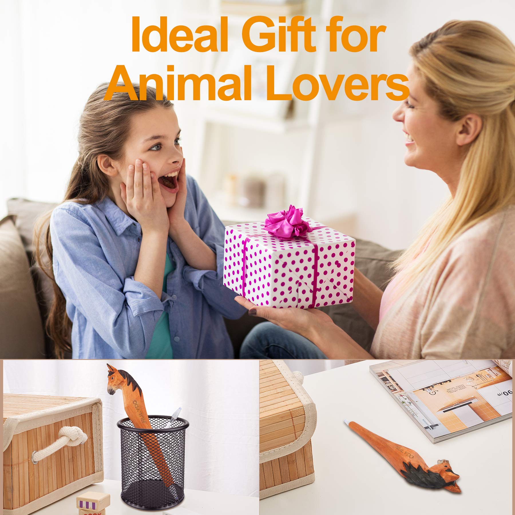 Bolígrafo de gel de animales tallados en madera 100 % hecho a mano | Caballo, bonito material escolar de papelería, suministros de oficina, divertido bolígrafo de escritura, bolígrafo de regalo