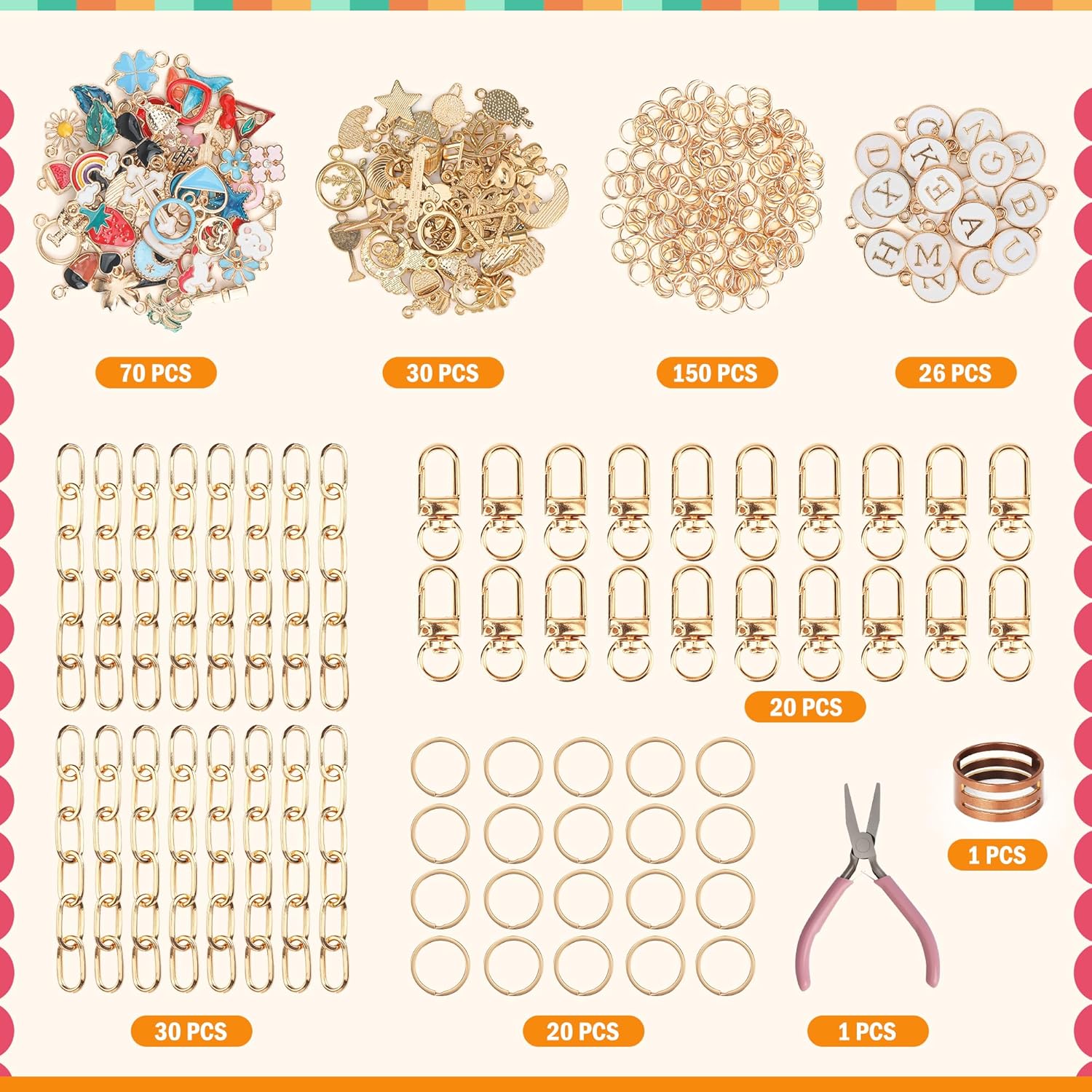 Starry 348Pcs Keychain Making Kit Bag Charm Kit 126 Charms 20 Keychain Clips with Key Ring Jewelry Plier,30 Extender Chain Swivel Snap Hooks Gold Charms 150 Jump Ring DIY Craft Supplies - Image 2