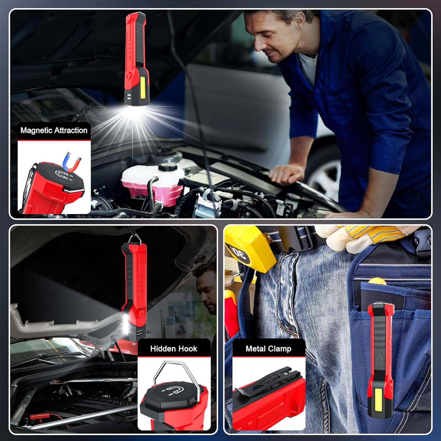 Work Light for Mechanic, Rechargeable 2500mAh LED Work Light with 160° Swivel Head and Magnetic Base, 7 Lighting Modes and Hooks, Portable Magnetic Flashlight for Car Repair, Inspection, Garage.
