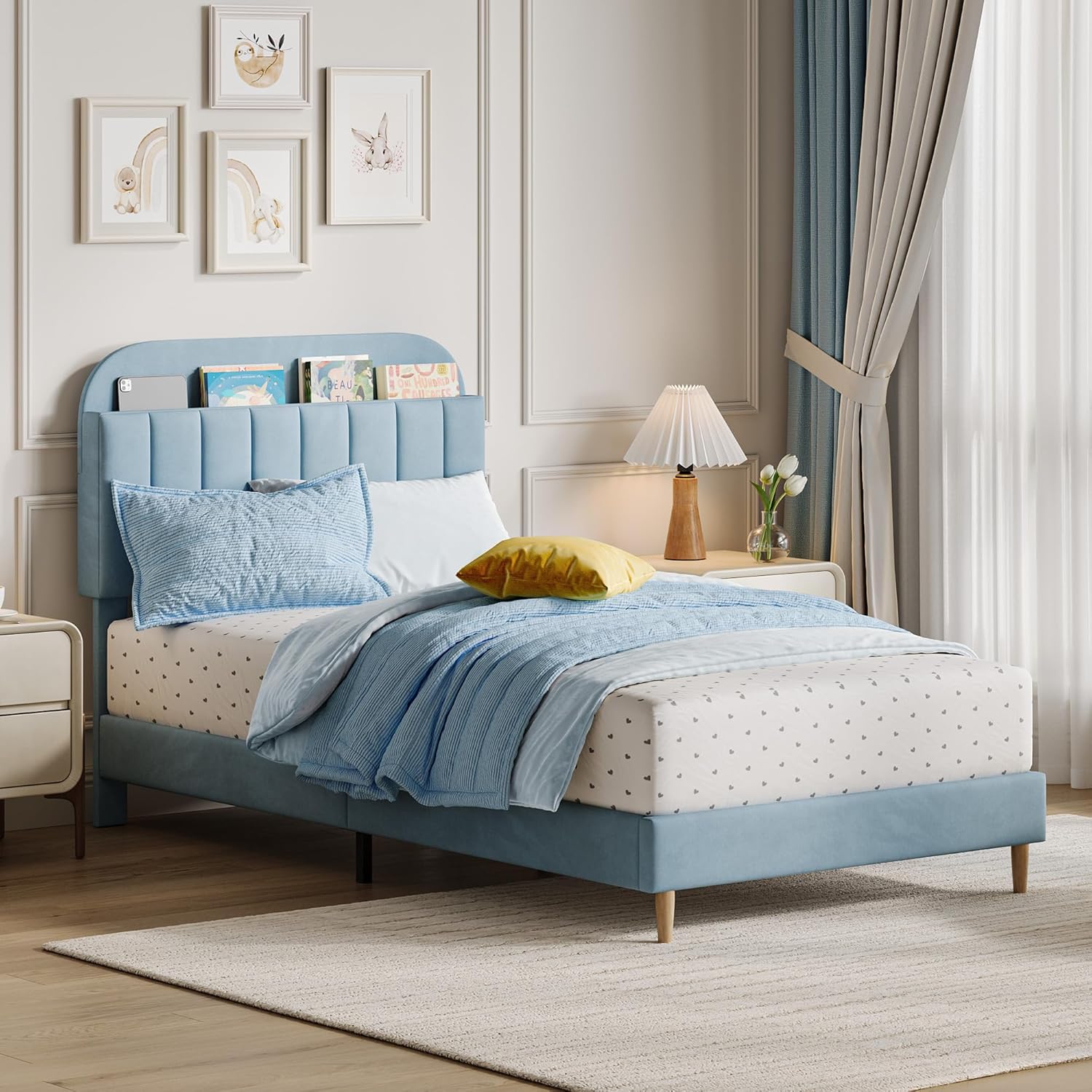 Twin Bed Frame with Bookcase Headboard, Upholstered Platform, Kids Bed Frame Twin Size Bed with Wooden Slats Support for Boys, Girls, Teens, No Box Spring Needed