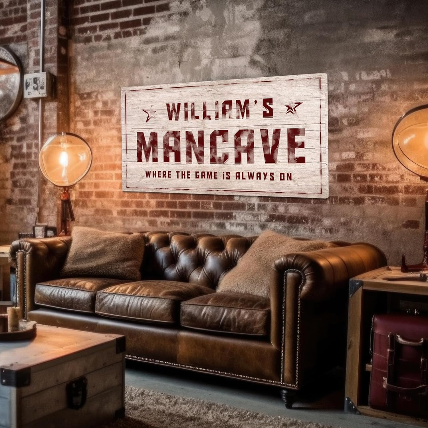 Awesometik Personalized Man Cave Sign Wall Art - Customize with Name, Decoration for Mens Room,Gaming Room Decor, Basement & Garage Decor, Ready to Hang (Custom Rustic Man Cave Sign Classic Red)