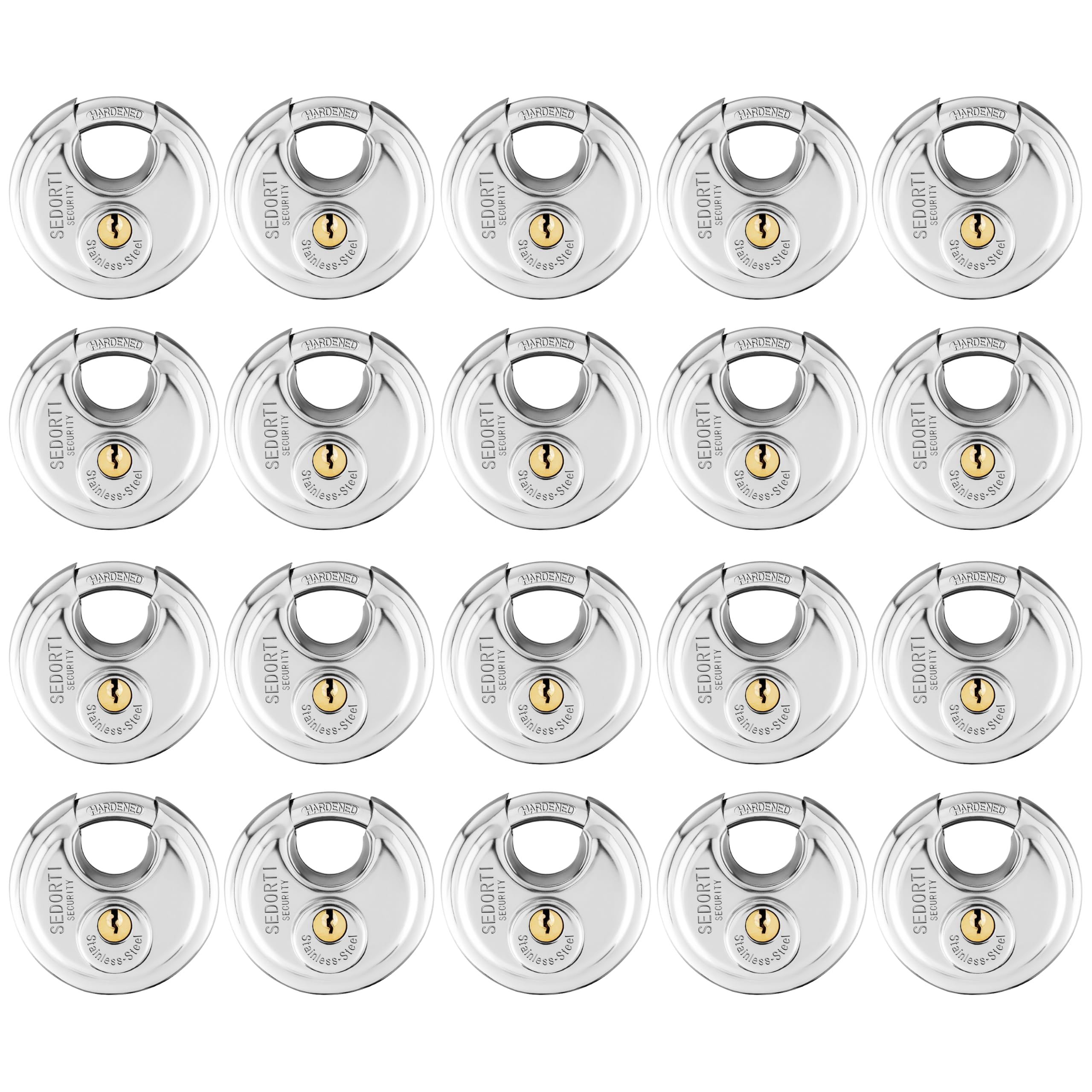 SEDORTI Paquete de 20 candados Discus con llave igual, 2-3/4 pulgadas de ancho, cerradura redonda de acero inoxidable 304, cerradura de almacenamiento impermeable y resistente al óxido con llaves de