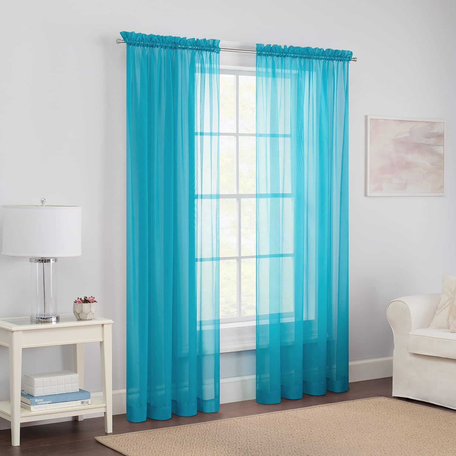 works to Go Victoria Voile Modern Sheer Rod Pocket Window Curtains for Living Room (2 Panels), 59 in x 95 in, Turquoise