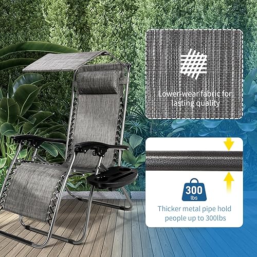 Miniatura 4 de Bonnlo - Silla de gravedad cero con toldo para patio, tumbona, ajustable, plegable, con soporte para vasos y reposacabezas para playa y jardín