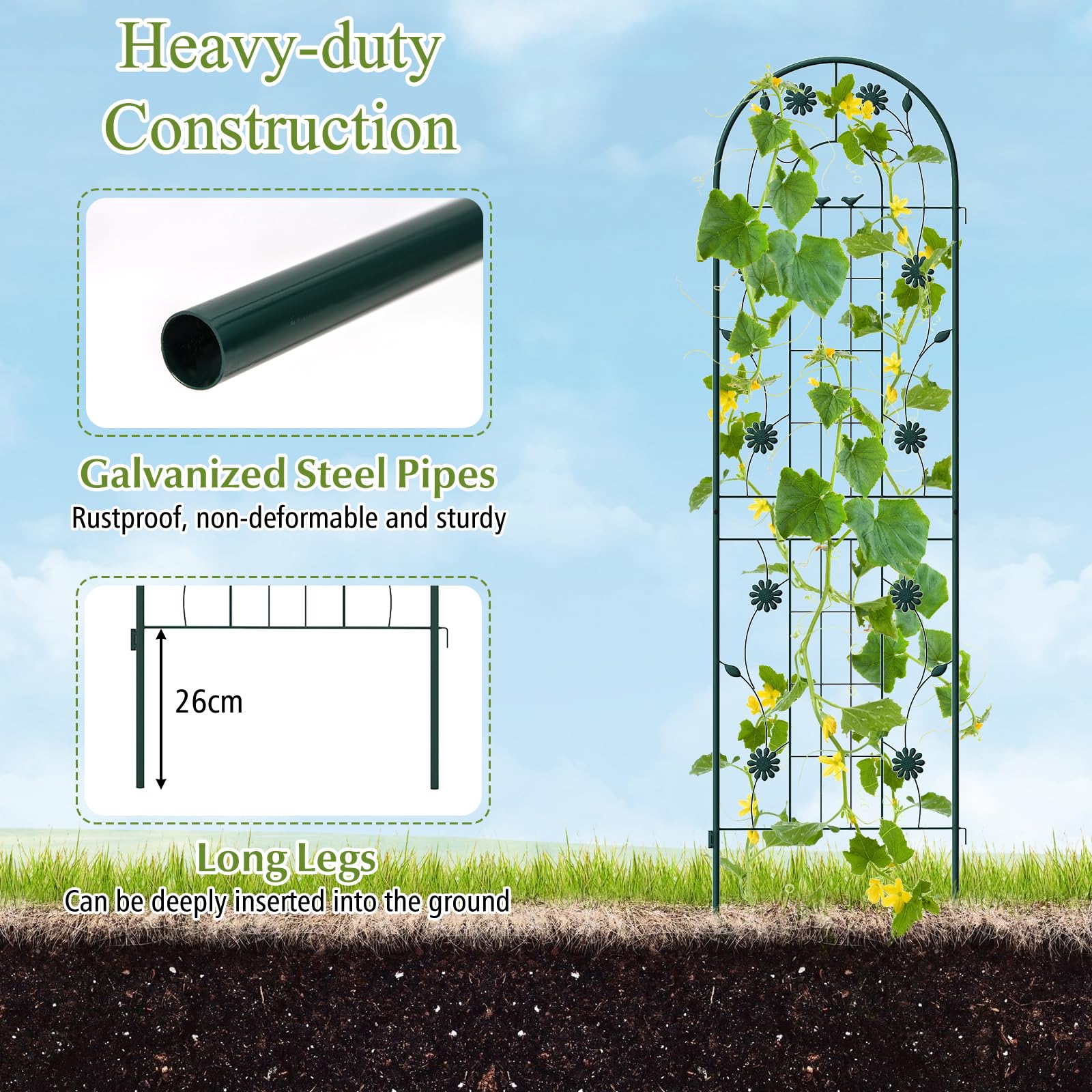 HOMASIS Rankgitter Metall, Spalier für Kletterpflanzen, Rankhilfe zum Stecken, dekorative Gartenspalier Gartenzaun Rankspalier für Rosen Blumen Tomaten (Grün,220x50cm,2)