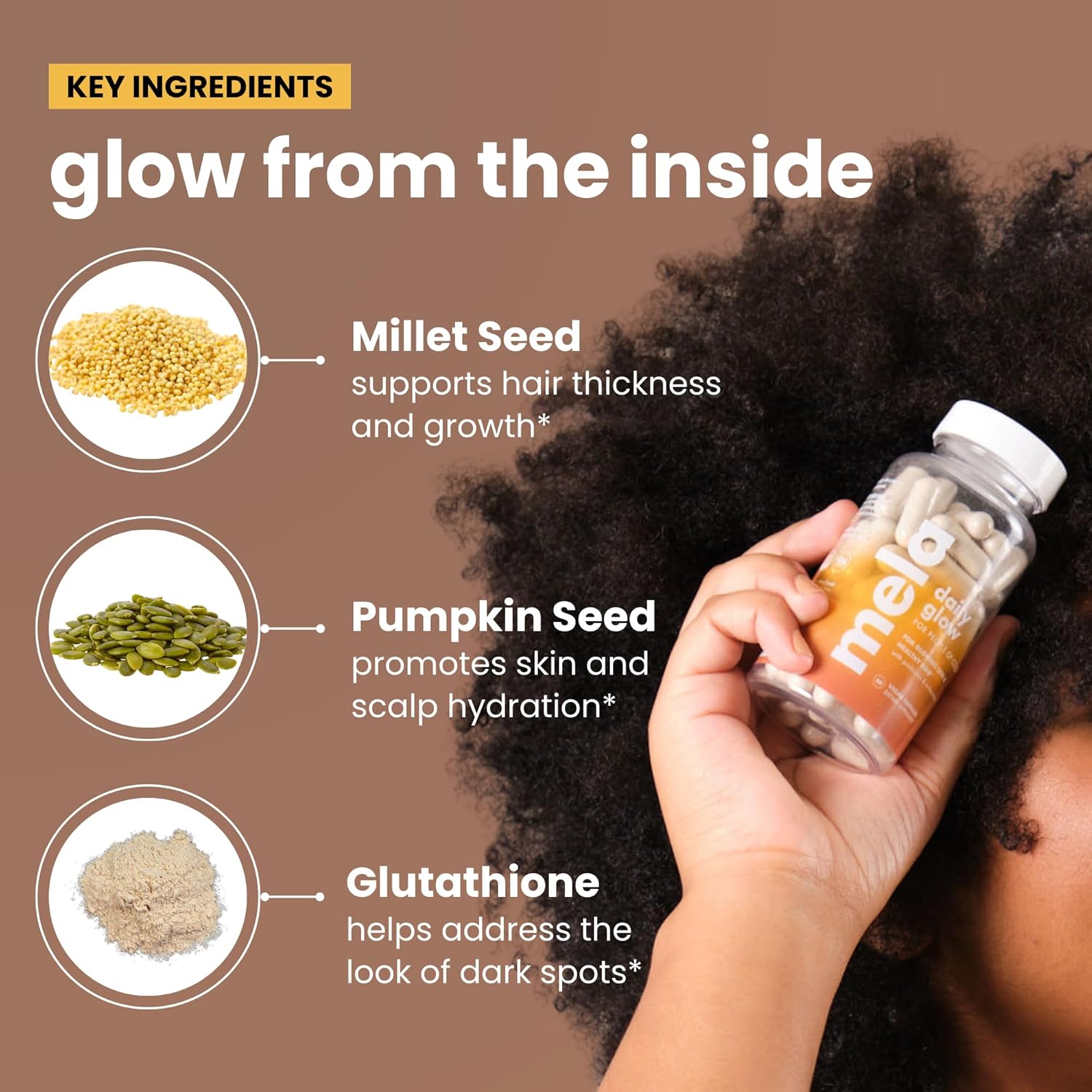 Mela Daily Glow for Healthy Melanin-Rich Skin & Textured Hair – with Silica, Millet, Pumpkin Seed, Probiotics, Hyaluronic Acid & Vitamin D3 – Vegan, Biotin-Free, Gluten & Soy-Free – 60 Count