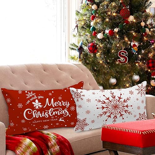 Miniatura 6 de Lanpn Juego de 4 fundas de almohada lumbares de Navidad de 12 x 24 pulgadas, fundas decorativas de cojín navideñas con diseño de copos de nieve de