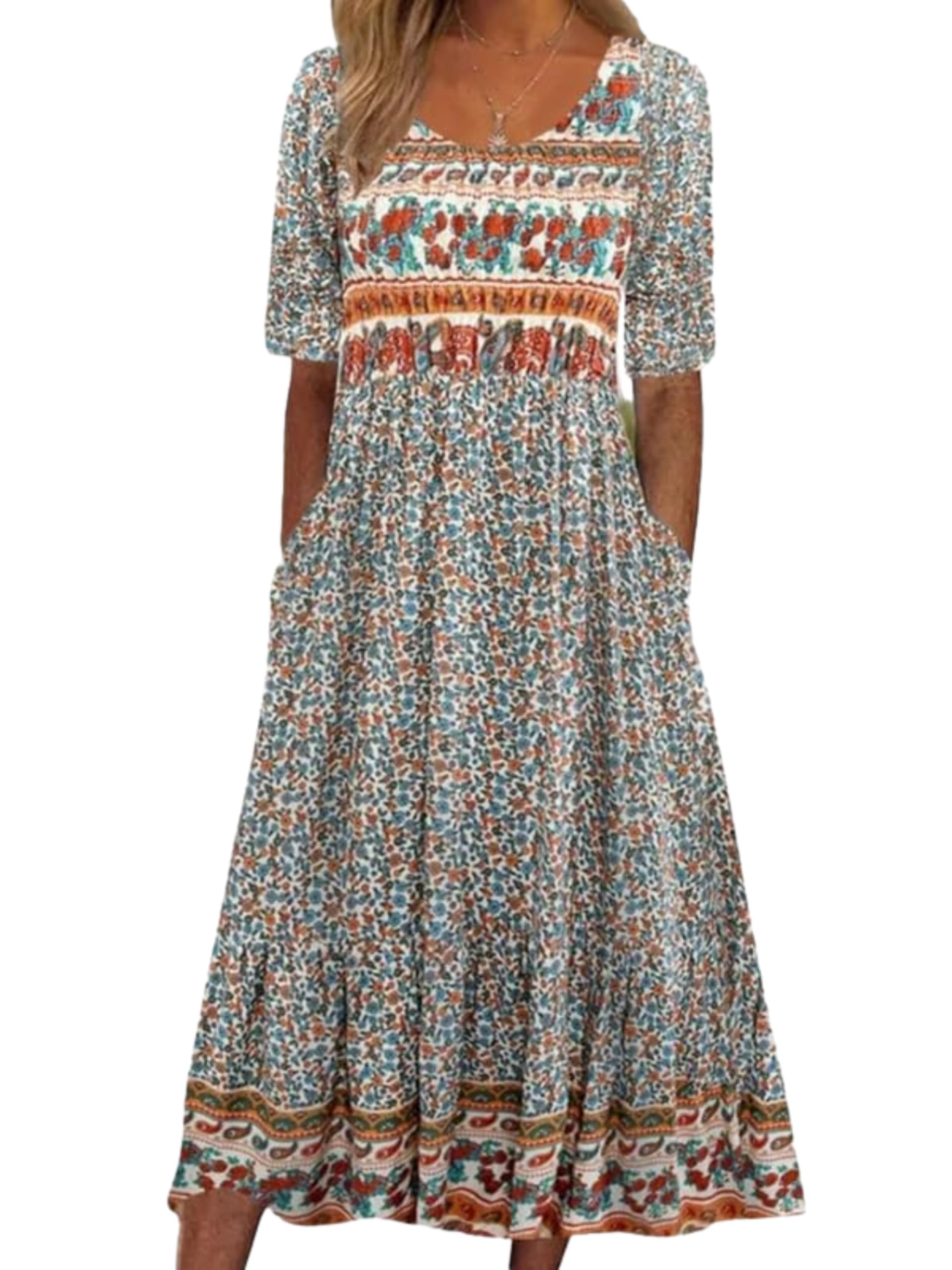 ZOCAVIA Womens Boho Floral Printed Maxi Dresses 2024 Summer Casual Loose Flowy Bohemian Vintage Short Sundresses with Pockets