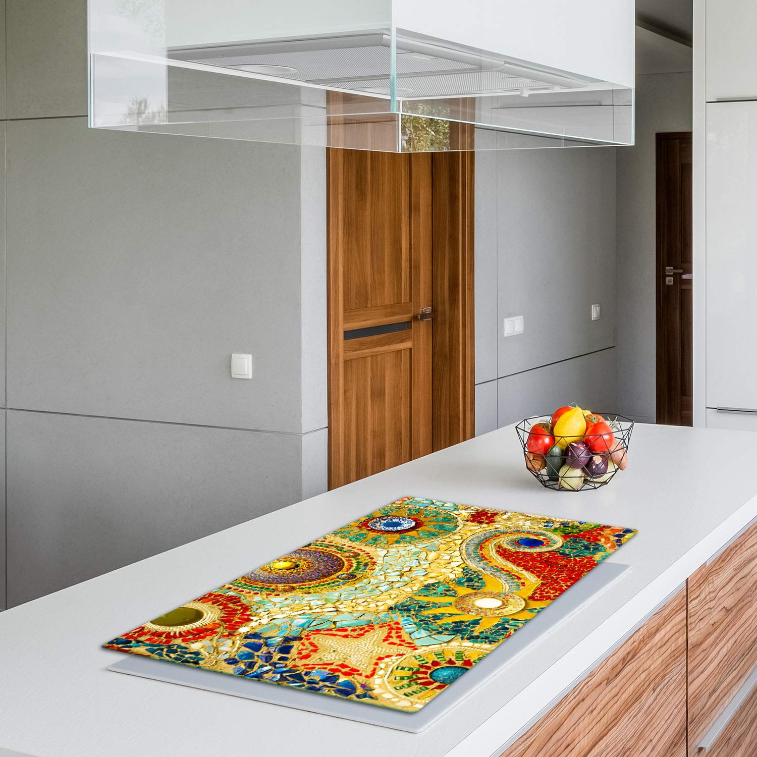 TMK | Herdabdeckplatte 90x52 cm Glas Ceranfeldabdeckung Induktion Herdschutz Spritzschutz Glasplatte Deko Schneidebrett, Mosaik