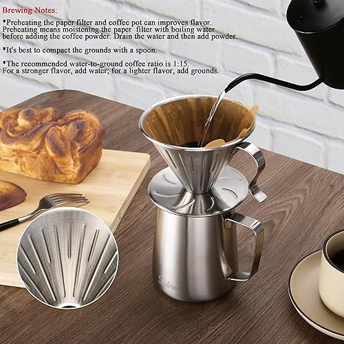 Miniatura 5 de Juego de cafetera de acero inoxidable 304 con 100 filtros de papel de cono tamaño 02 y jarra de espuma de leche de 21.1 fl oz, para el hogar y el