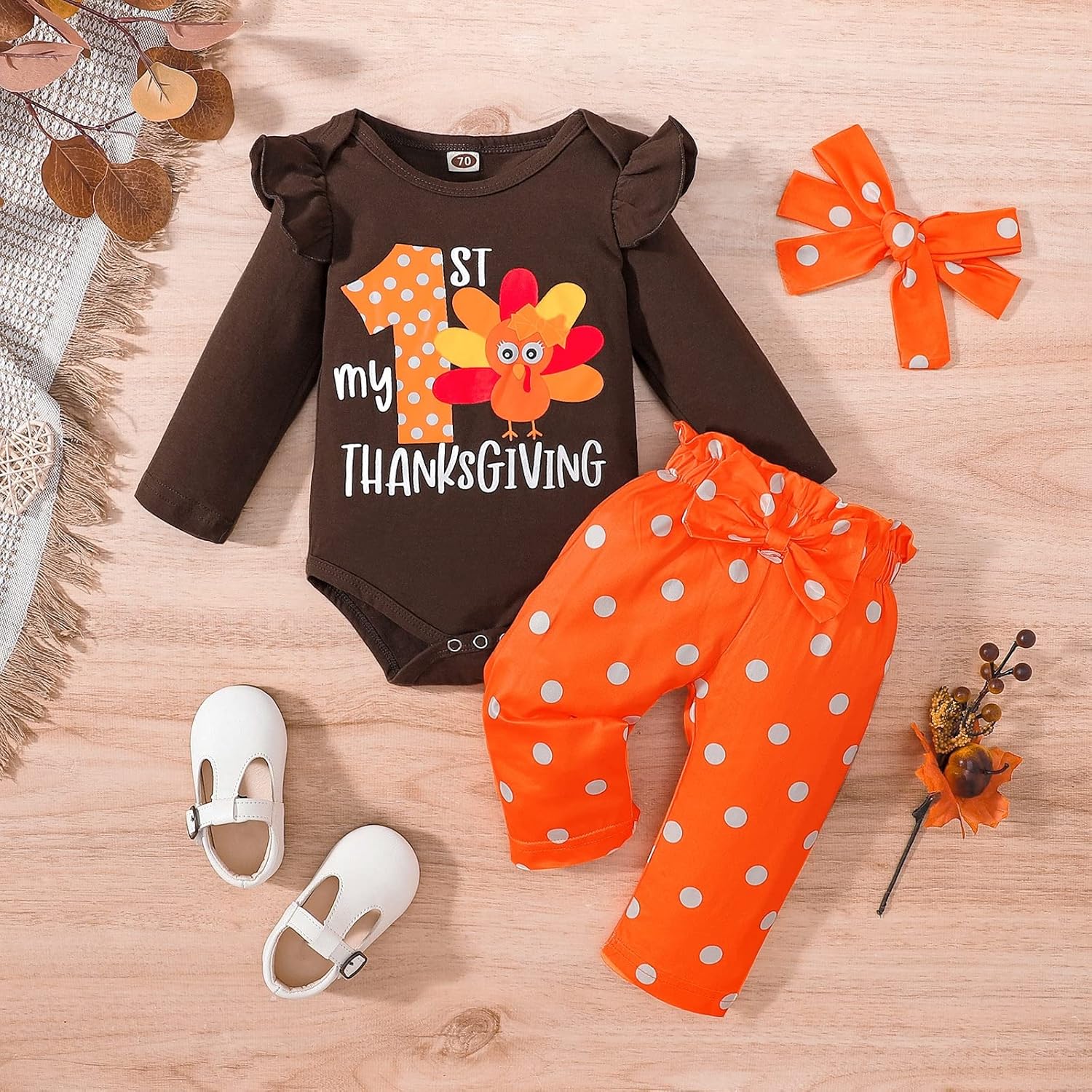 My First Thanksgiving Baby Girl Outfits 1st Thankgiving Gifts Turkey Romper Cute Polka Dot Bell Bottom Pants Headband - Image 2