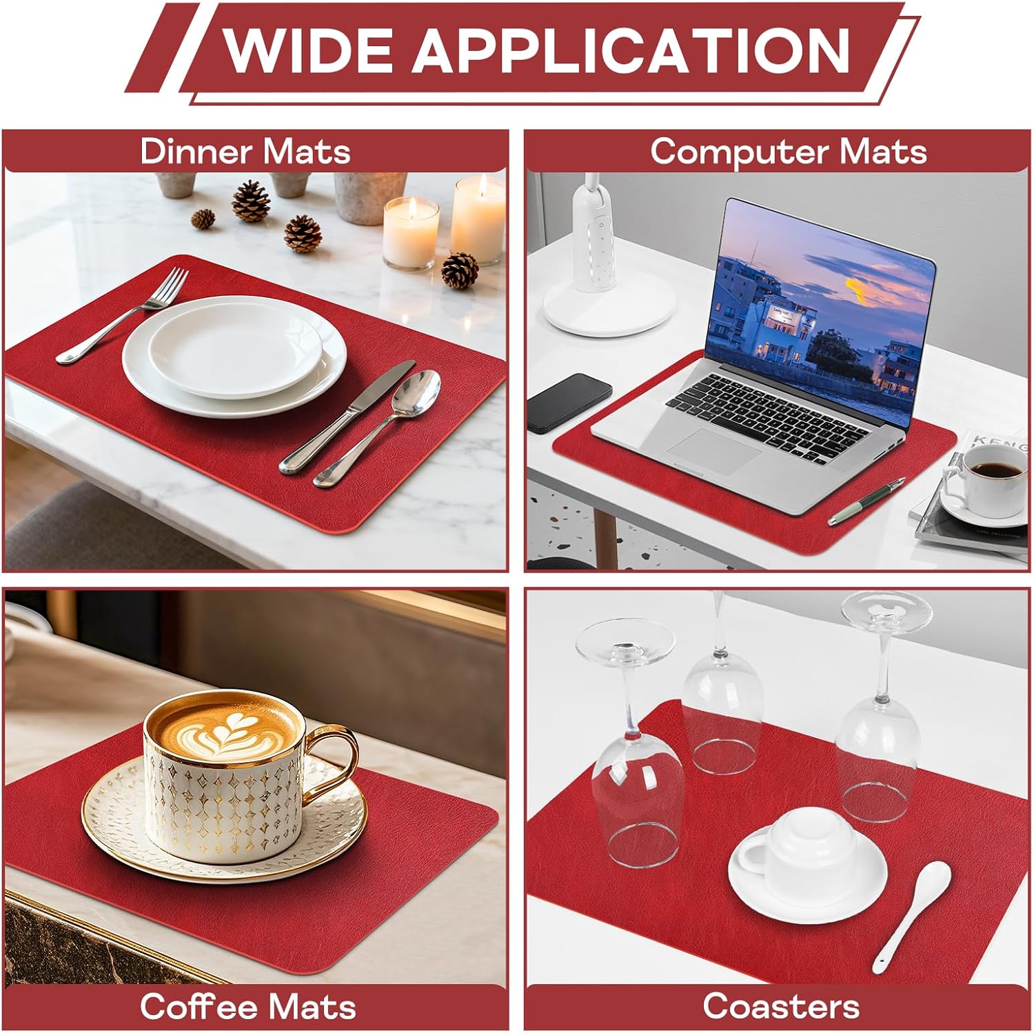Faux Leather Placemats Set of 6, Washable Place Mats, Vinyl Placemats Wipeable Waterproof Oil-Proof Heat Resistant PU Table Mats for Dining, Kitchen, Hotel(Red)